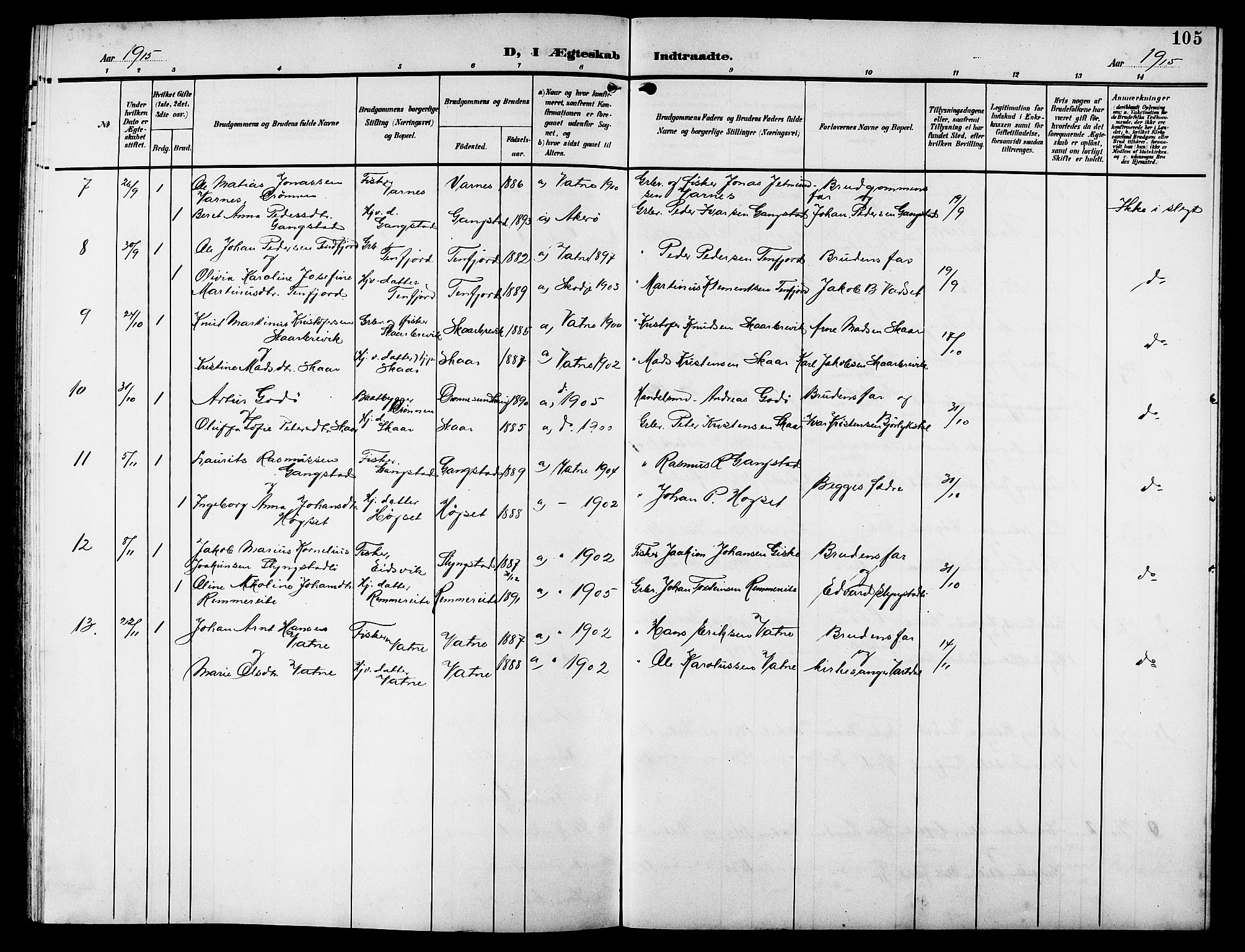 Ministerialprotokoller, klokkerbøker og fødselsregistre - Møre og Romsdal, AV/SAT-A-1454/525/L0377: Parish register (copy) no. 525C03, 1903-1917, p. 105