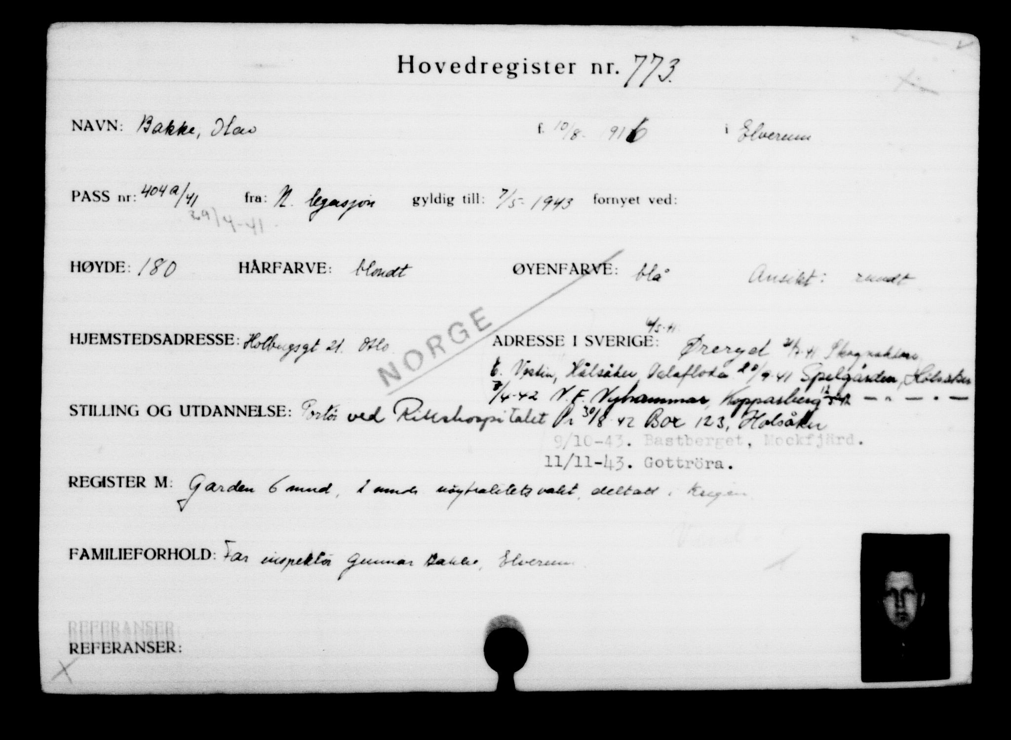 Utenriksstasjonene, Legasjonen i Stockholm, Flyktningkontoret, AV/RA-S-6753/V/Va/L0001: Kjesäterkartoteket, flyktninger med registreringsnr. 1-1000, 1940-1945, p. 1223