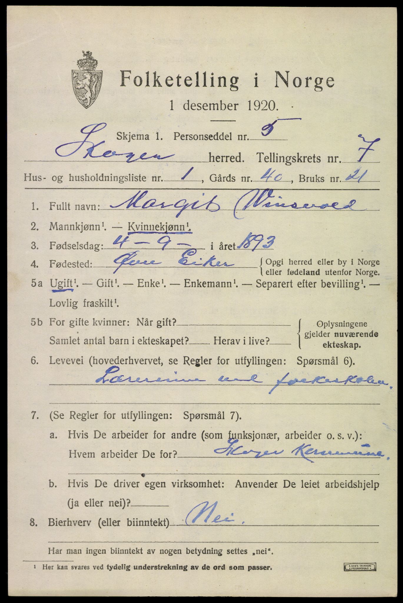 SAKO, 1920 census for Skoger, 1920, p. 14591