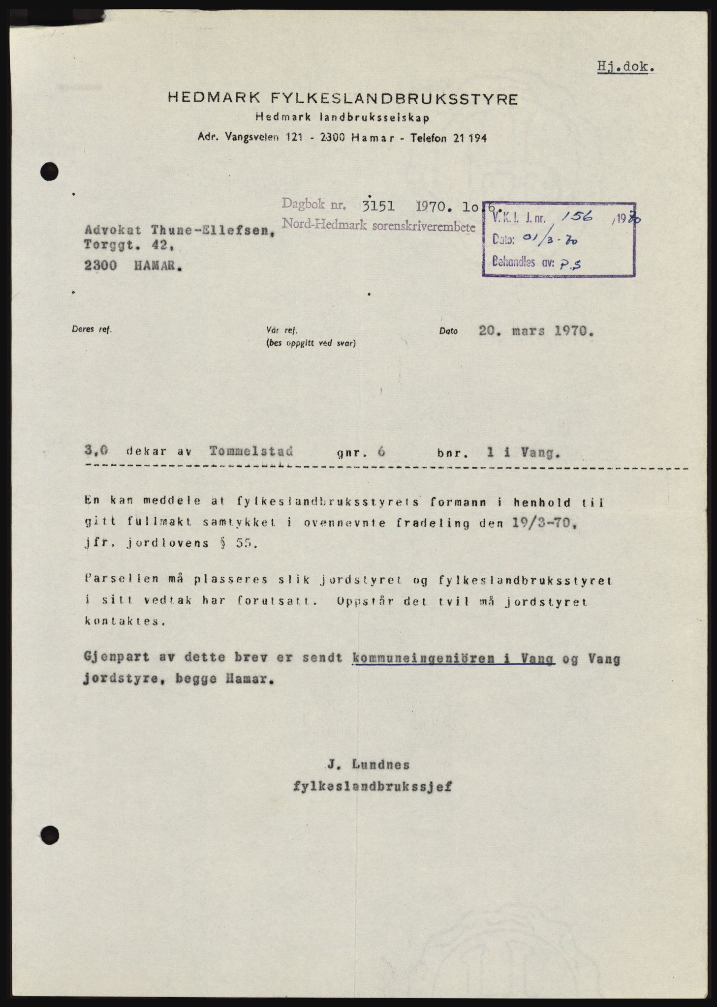 Nord-Hedmark sorenskriveri, SAH/TING-012/H/Hc/L0033: Mortgage book no. 33, 1970-1970, Diary no: : 3151/1970