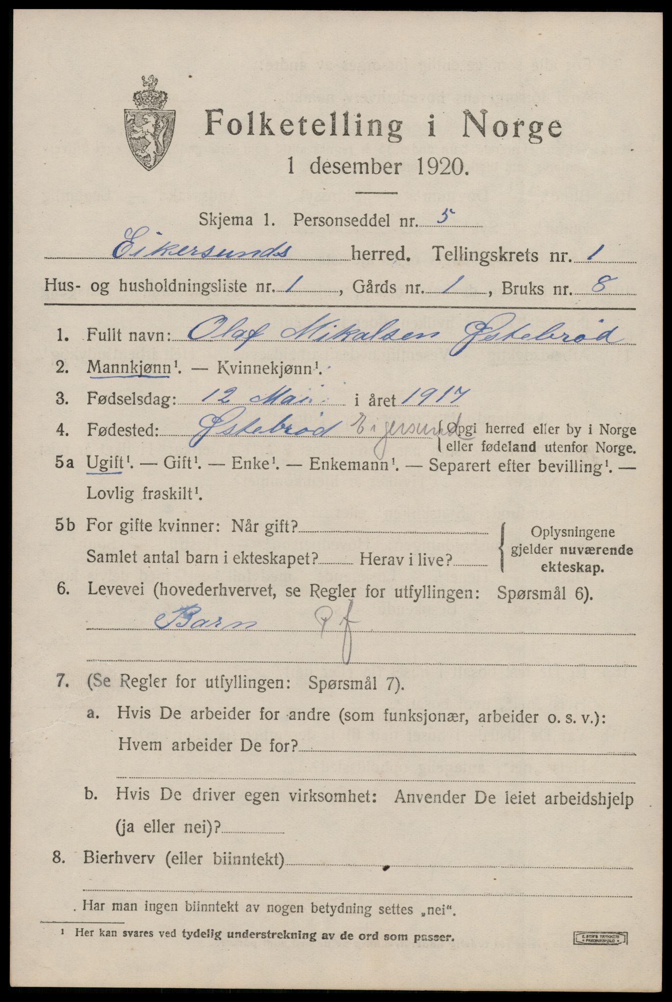 SAST, 1920 census for Eigersund, 1920, p. 1169