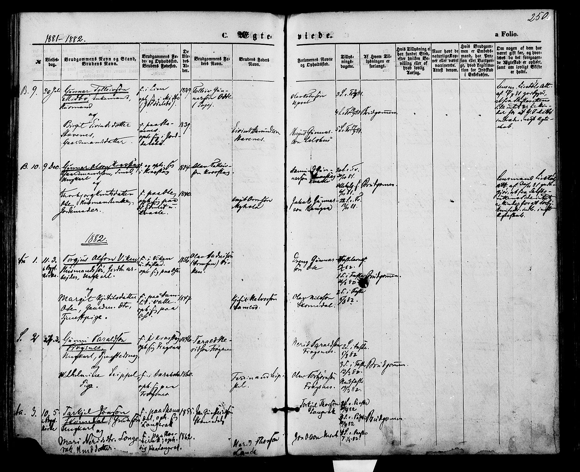 Bygland sokneprestkontor, SAK/1111-0006/F/Fa/Fab/L0006: Parish register (official) no. A 6, 1873-1884, p. 250