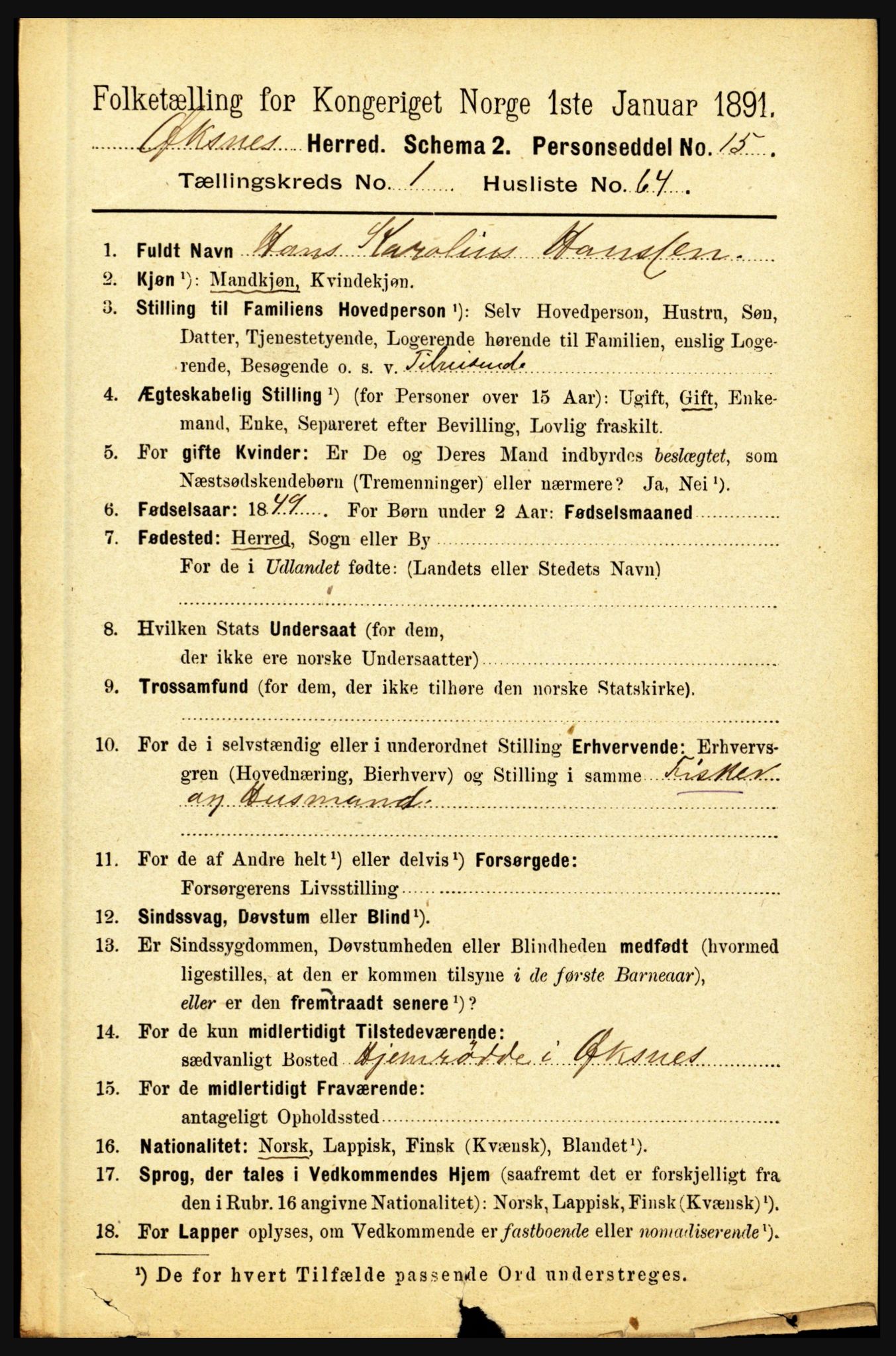 RA, 1891 census for 1868 Øksnes, 1891, p. 594