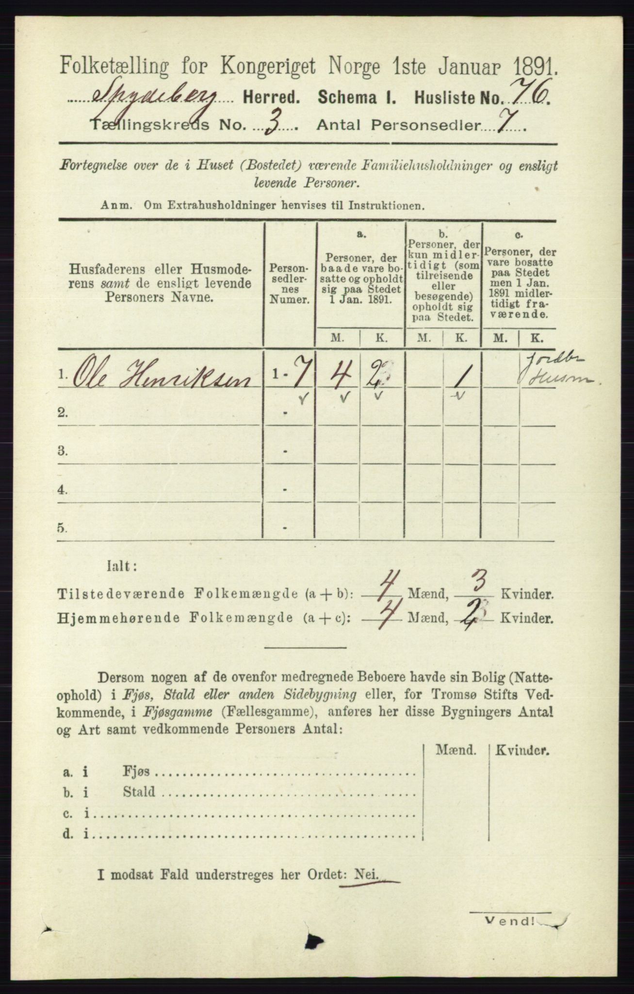 RA, 1891 census for 0123 Spydeberg, 1891, p. 1218