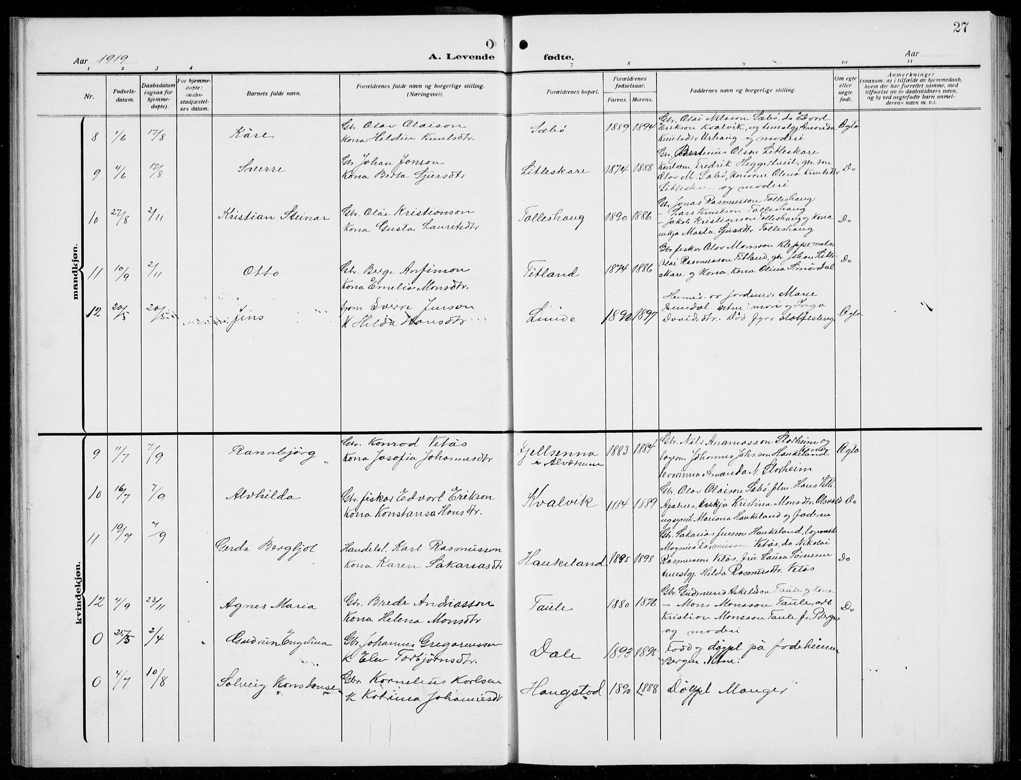 Manger sokneprestembete, AV/SAB-A-76801/H/Hab: Parish register (copy) no. D  4, 1910-1935, p. 27