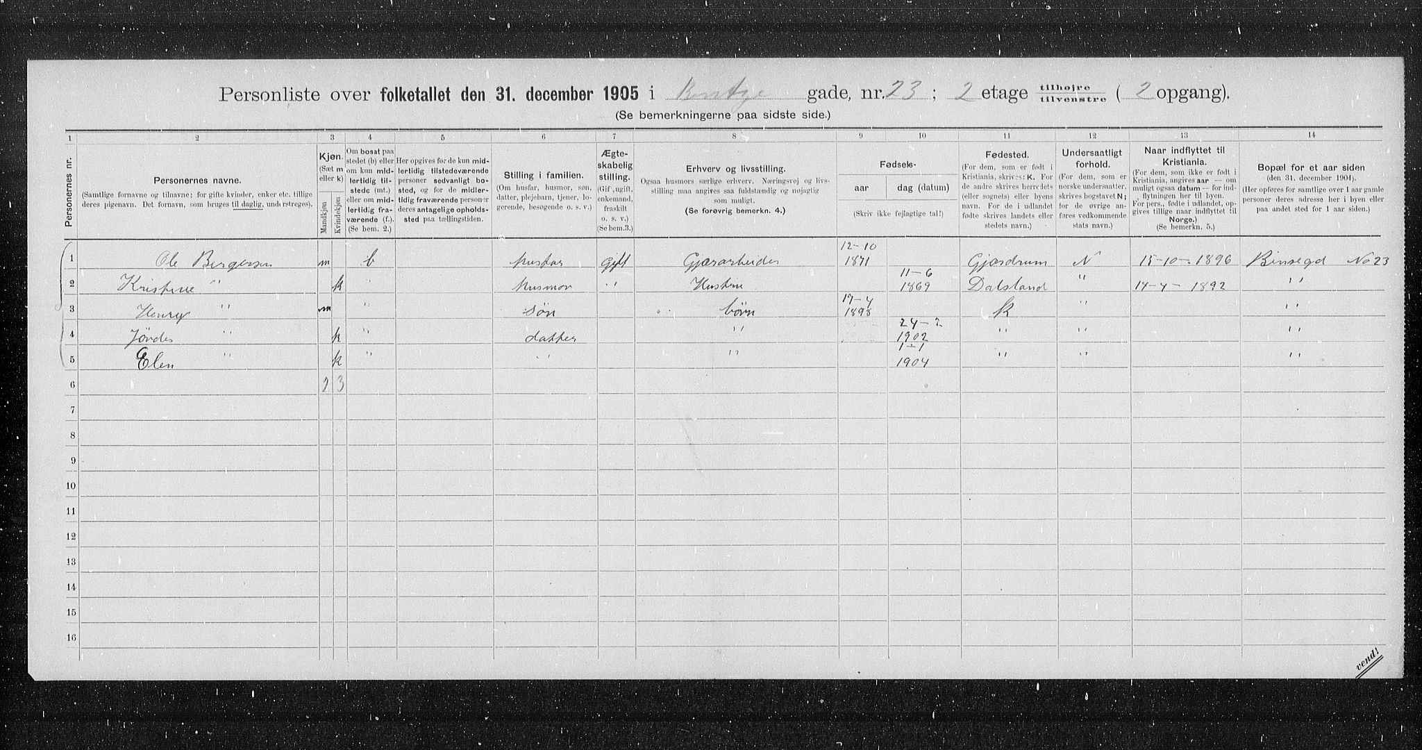 OBA, Municipal Census 1905 for Kristiania, 1905, p. 1890