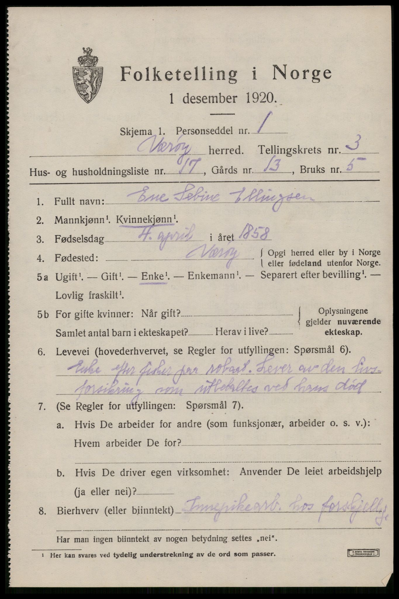 SAT, 1920 census for Værøy, 1920, p. 2443