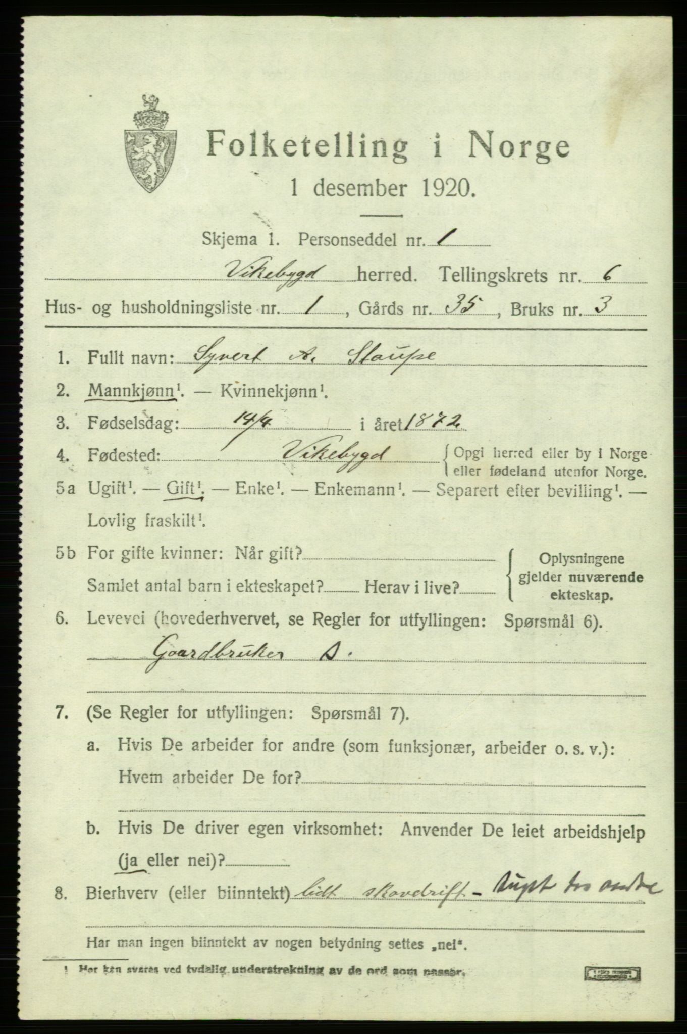 SAB, 1920 census for Vikebygd, 1920, p. 2177