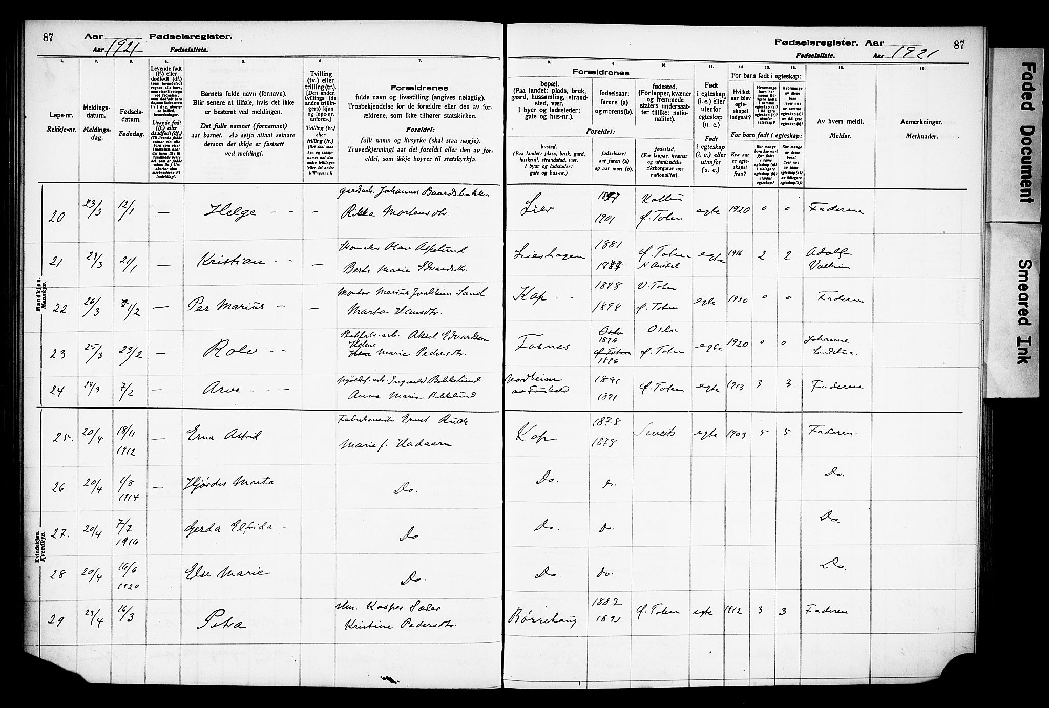 Østre Toten prestekontor, AV/SAH-PREST-104/I/Id/L0001/0001: Birth register no. 1.1, 1916-1928, p. 87