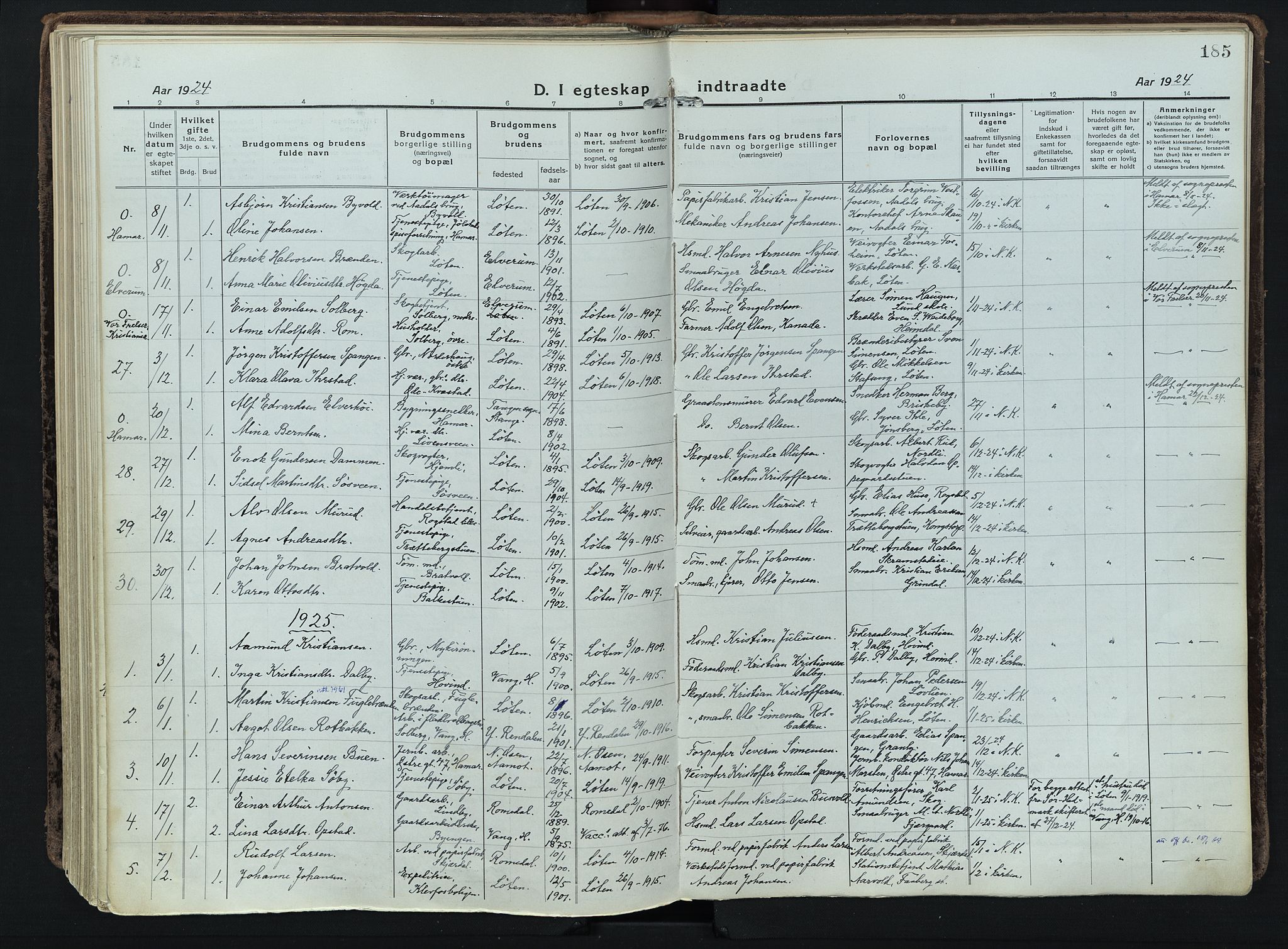 Løten prestekontor, AV/SAH-PREST-022/K/Ka/L0012: Parish register (official) no. 12, 1918-1926, p. 185