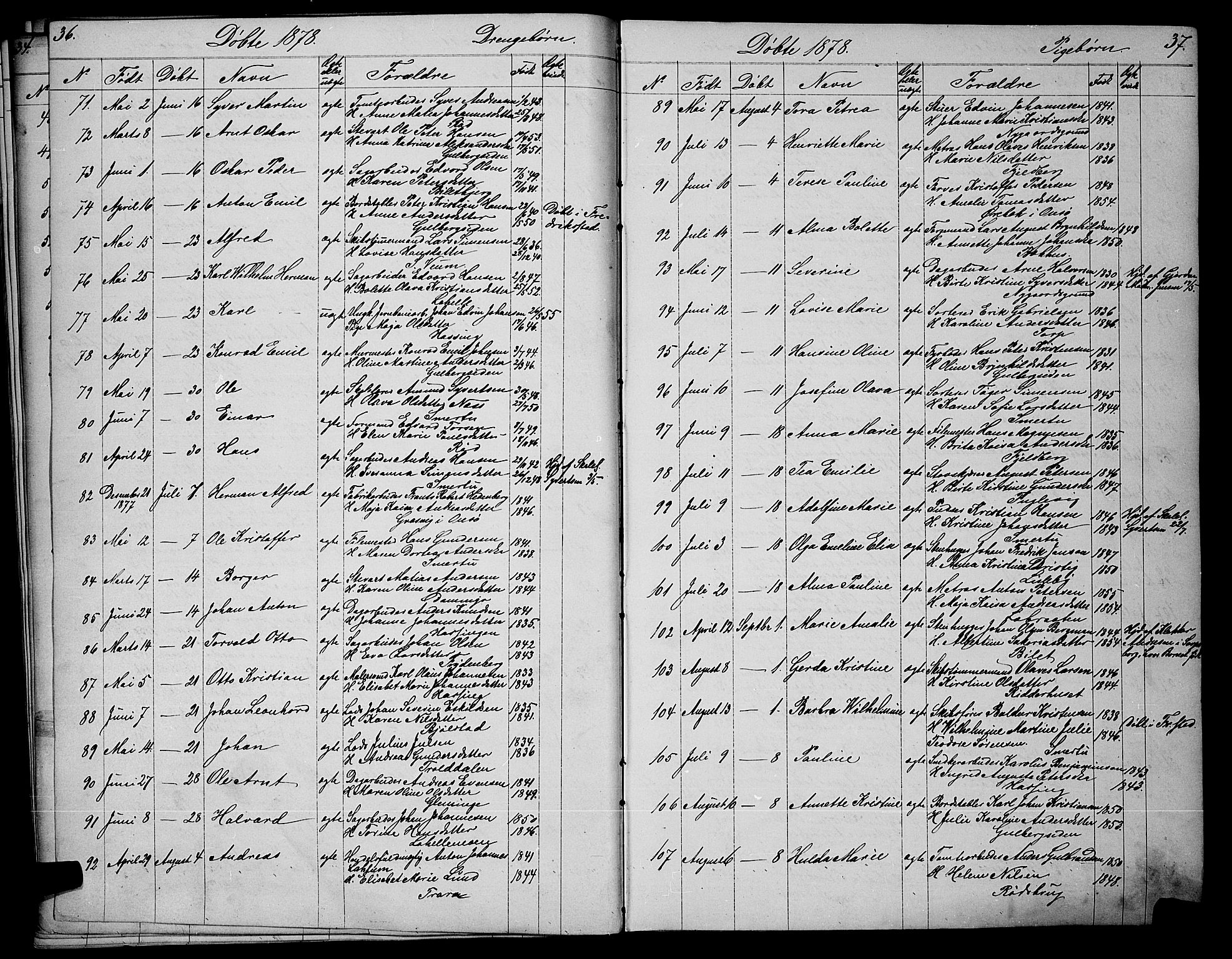 Glemmen prestekontor Kirkebøker, SAO/A-10908/G/Ga/L0005: Parish register (copy) no. 5, 1876-1893, p. 36-37