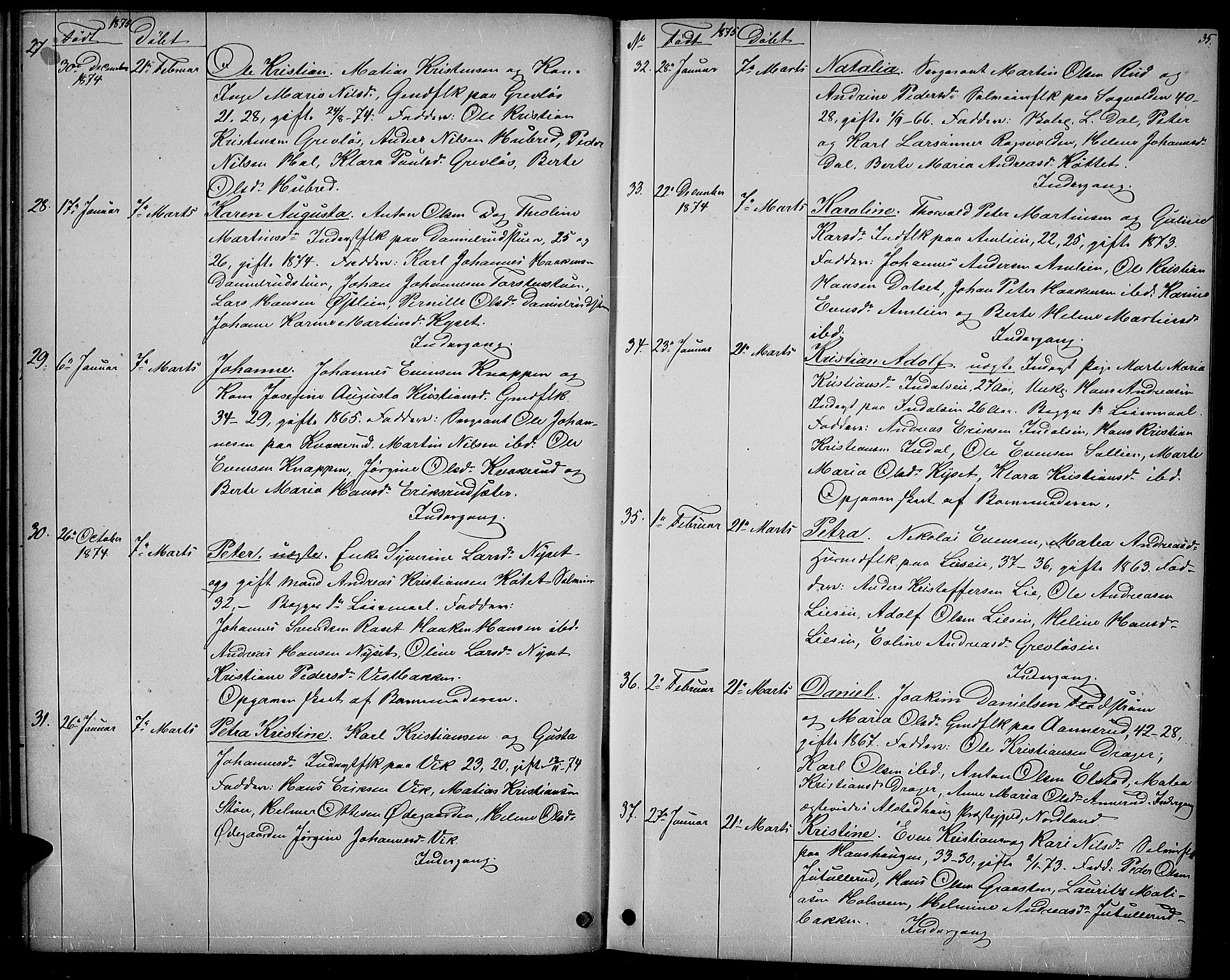 Vestre Toten prestekontor, AV/SAH-PREST-108/H/Ha/Hab/L0006: Parish register (copy) no. 6, 1870-1887, p. 35