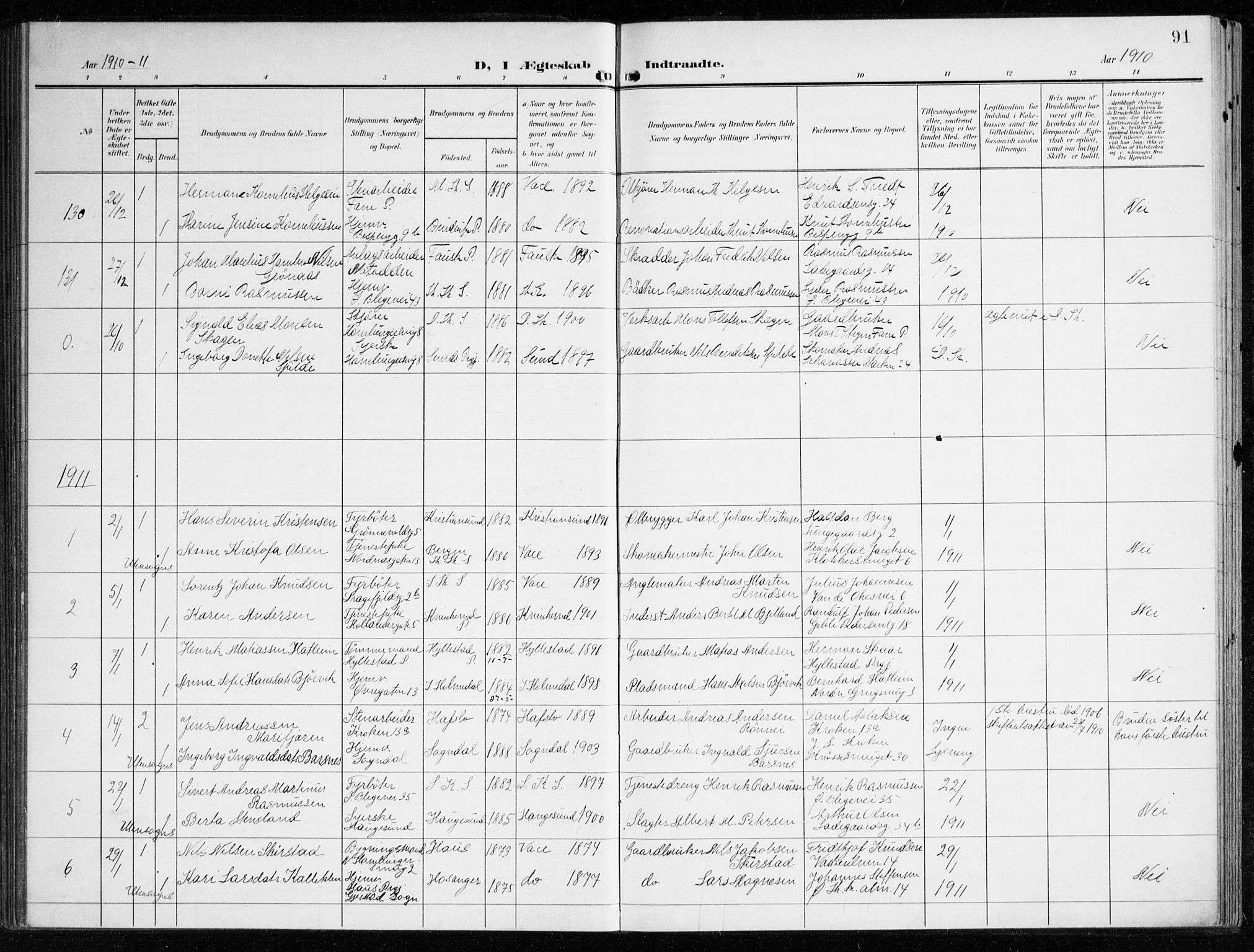 Korskirken sokneprestembete, SAB/A-76101/H/Haa/L0038: Parish register (official) no. D 5, 1904-1919, p. 91