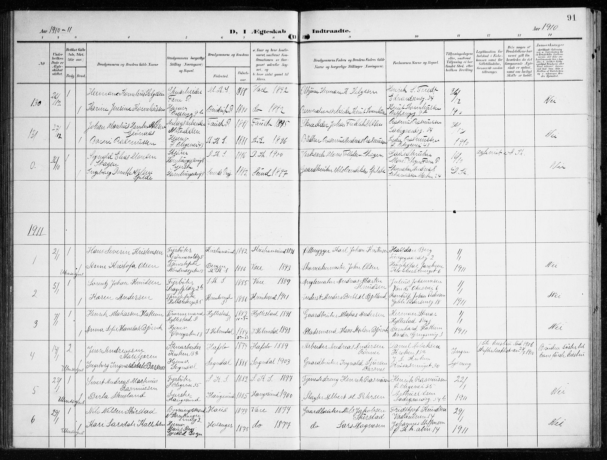 Korskirken sokneprestembete, AV/SAB-A-76101/H/Haa/L0038: Parish register (official) no. D 5, 1904-1919, p. 91