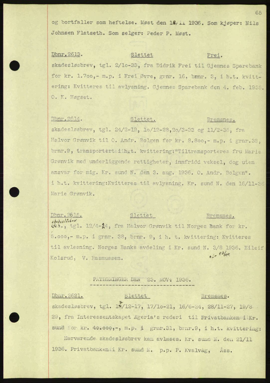 Nordmøre sorenskriveri, AV/SAT-A-4132/1/2/2Ca: Mortgage book no. C80, 1936-1939, Diary no: : 2613/1936