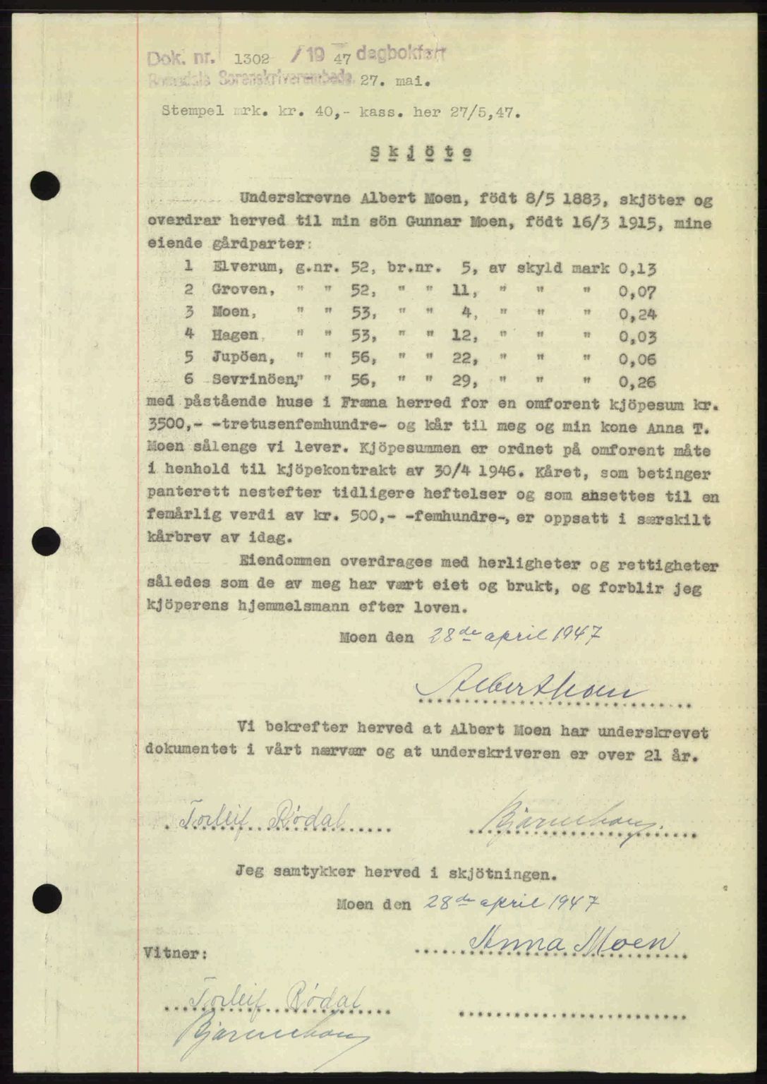 Romsdal sorenskriveri, AV/SAT-A-4149/1/2/2C: Mortgage book no. A23, 1947-1947, Diary no: : 1302/1947