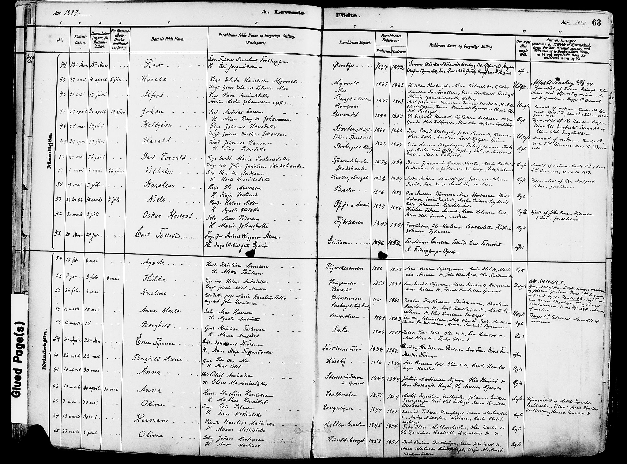 Grue prestekontor, SAH/PREST-036/H/Ha/Haa/L0012: Parish register (official) no. 12, 1881-1897, p. 63