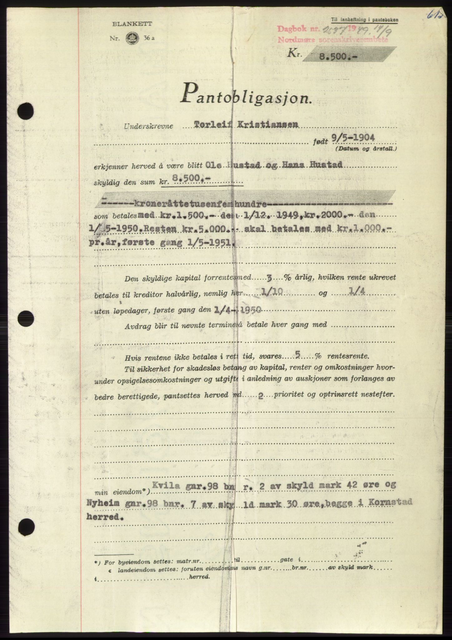 Nordmøre sorenskriveri, AV/SAT-A-4132/1/2/2Ca: Mortgage book no. B102, 1949-1949, Diary no: : 2537/1949