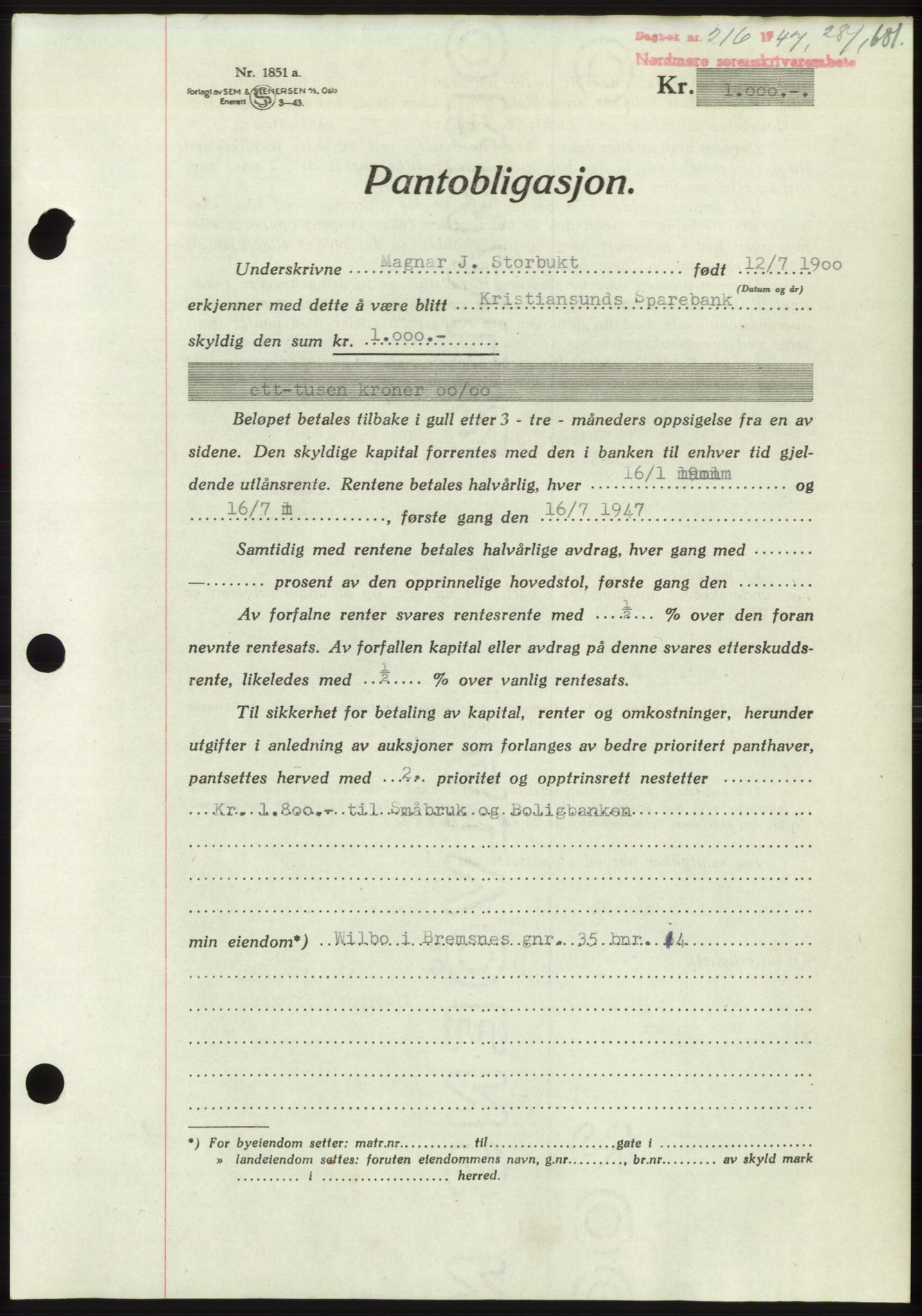 Nordmøre sorenskriveri, AV/SAT-A-4132/1/2/2Ca: Mortgage book no. B95, 1946-1947, Diary no: : 216/1947