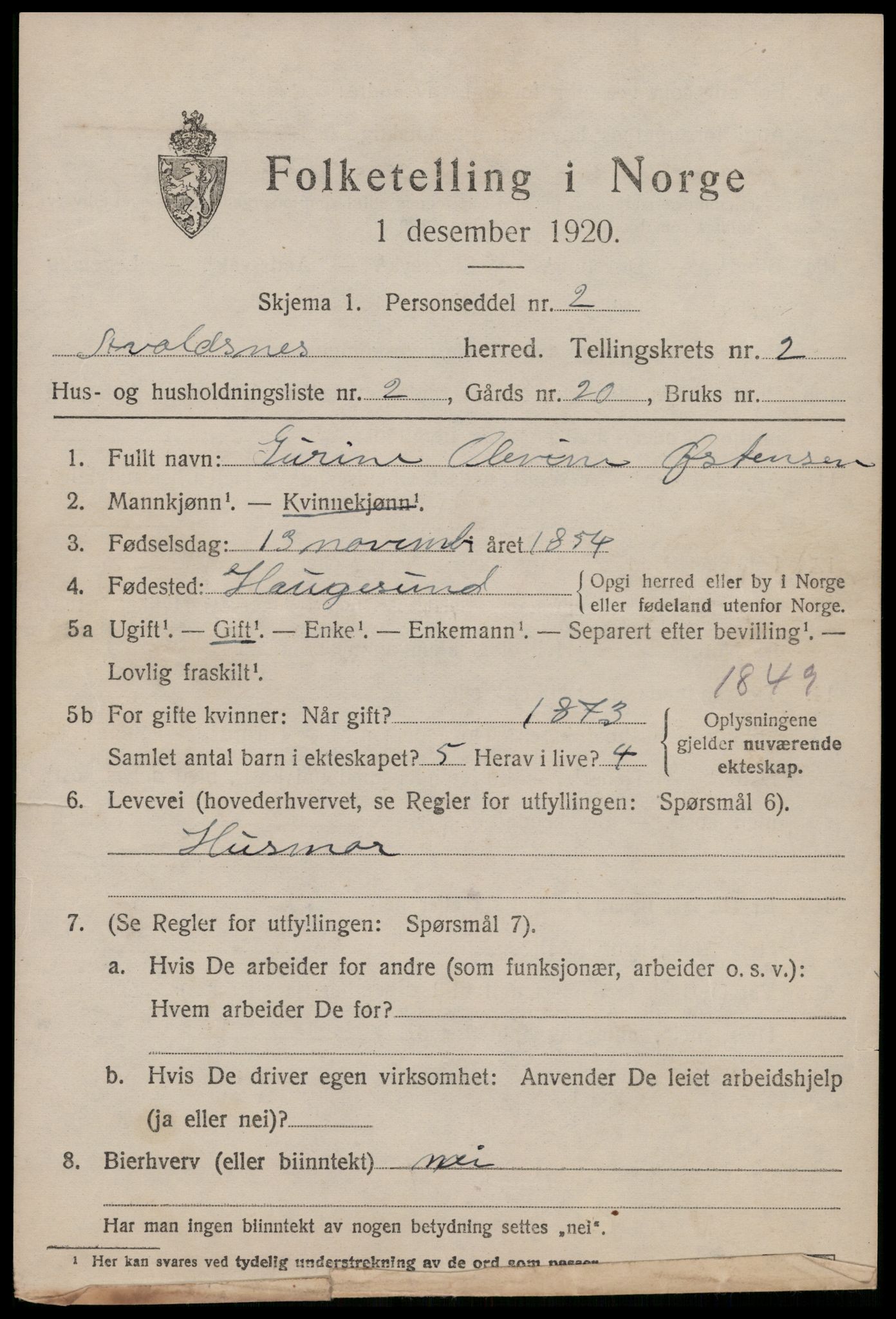 SAST, 1920 census for Avaldsnes, 1920, p. 1829