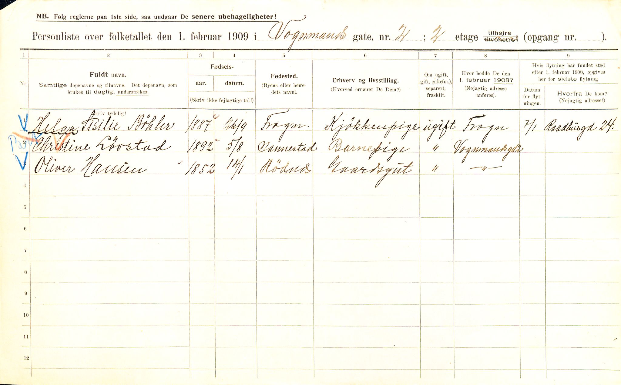 OBA, Municipal Census 1909 for Kristiania, 1909, p. 112595