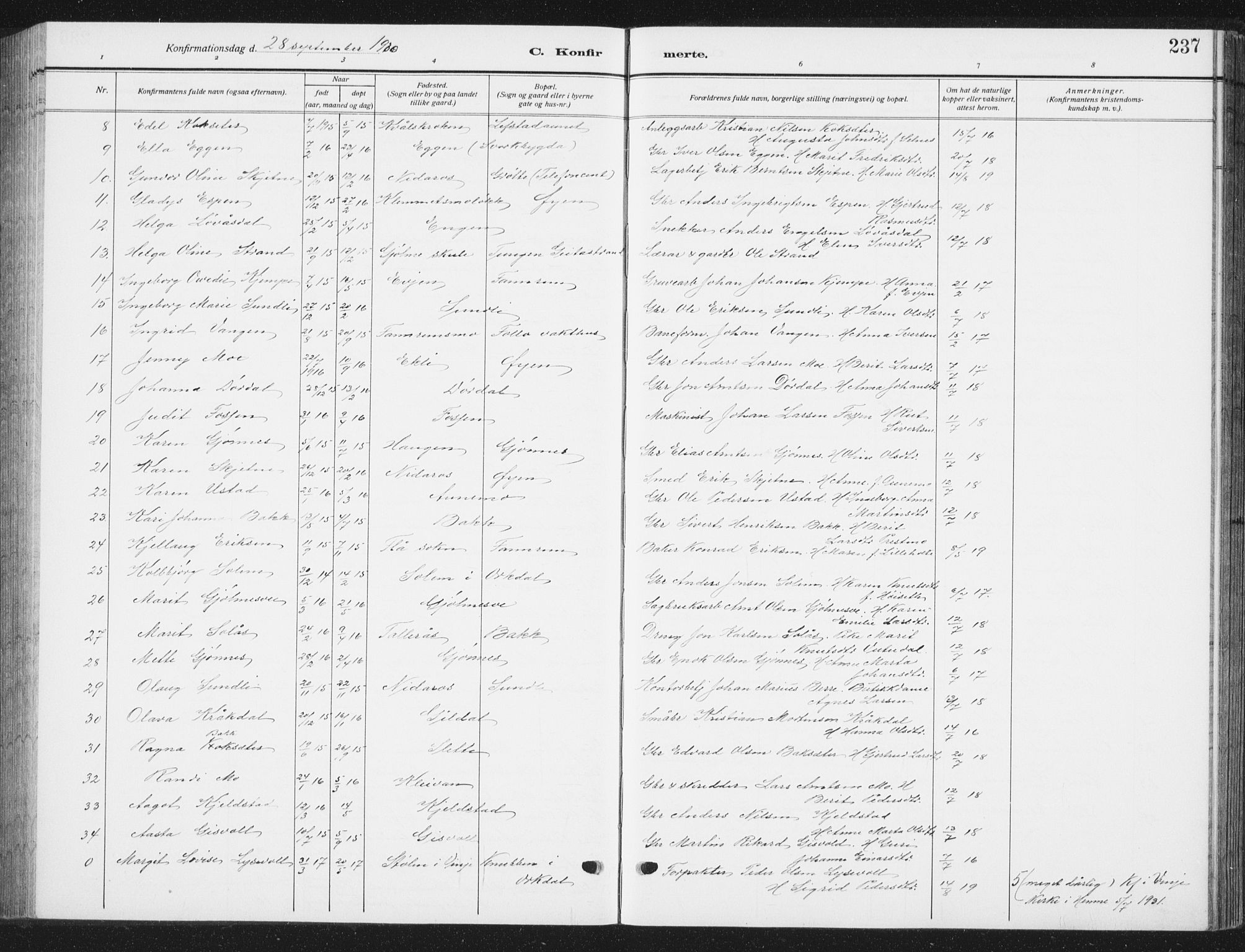 Ministerialprotokoller, klokkerbøker og fødselsregistre - Sør-Trøndelag, SAT/A-1456/668/L0820: Parish register (copy) no. 668C09, 1912-1936, p. 237