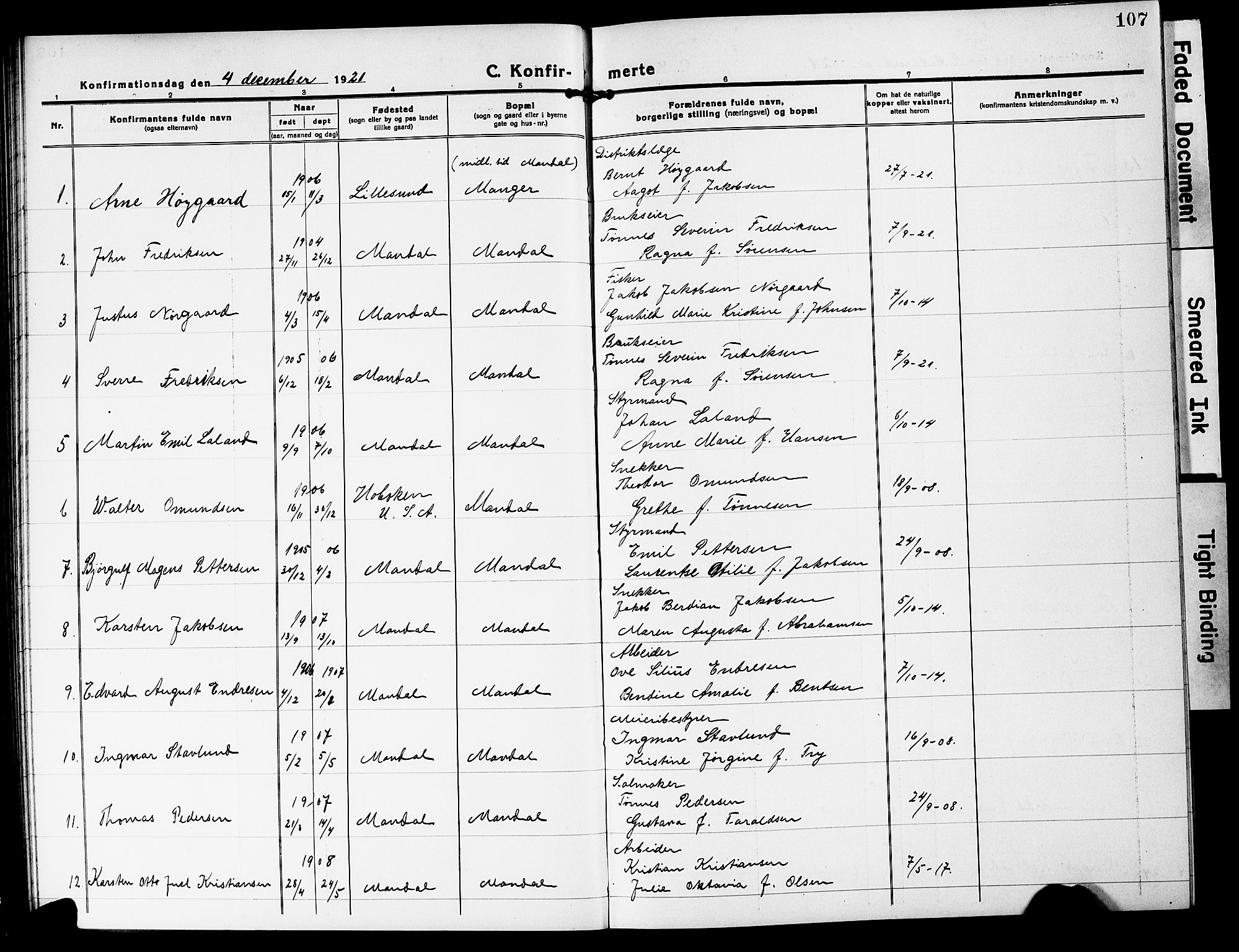 Mandal sokneprestkontor, SAK/1111-0030/F/Fb/Fbc/L0001: Parish register (copy) no. B 1, 1918-1931, p. 107