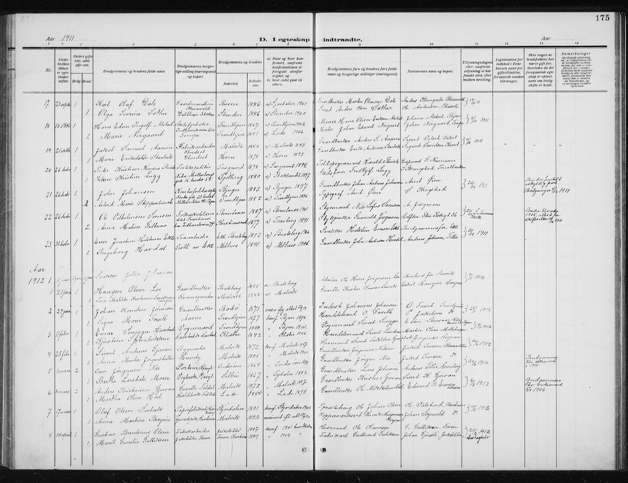 Ministerialprotokoller, klokkerbøker og fødselsregistre - Sør-Trøndelag, SAT/A-1456/606/L0314: Parish register (copy) no. 606C10, 1911-1937, p. 175
