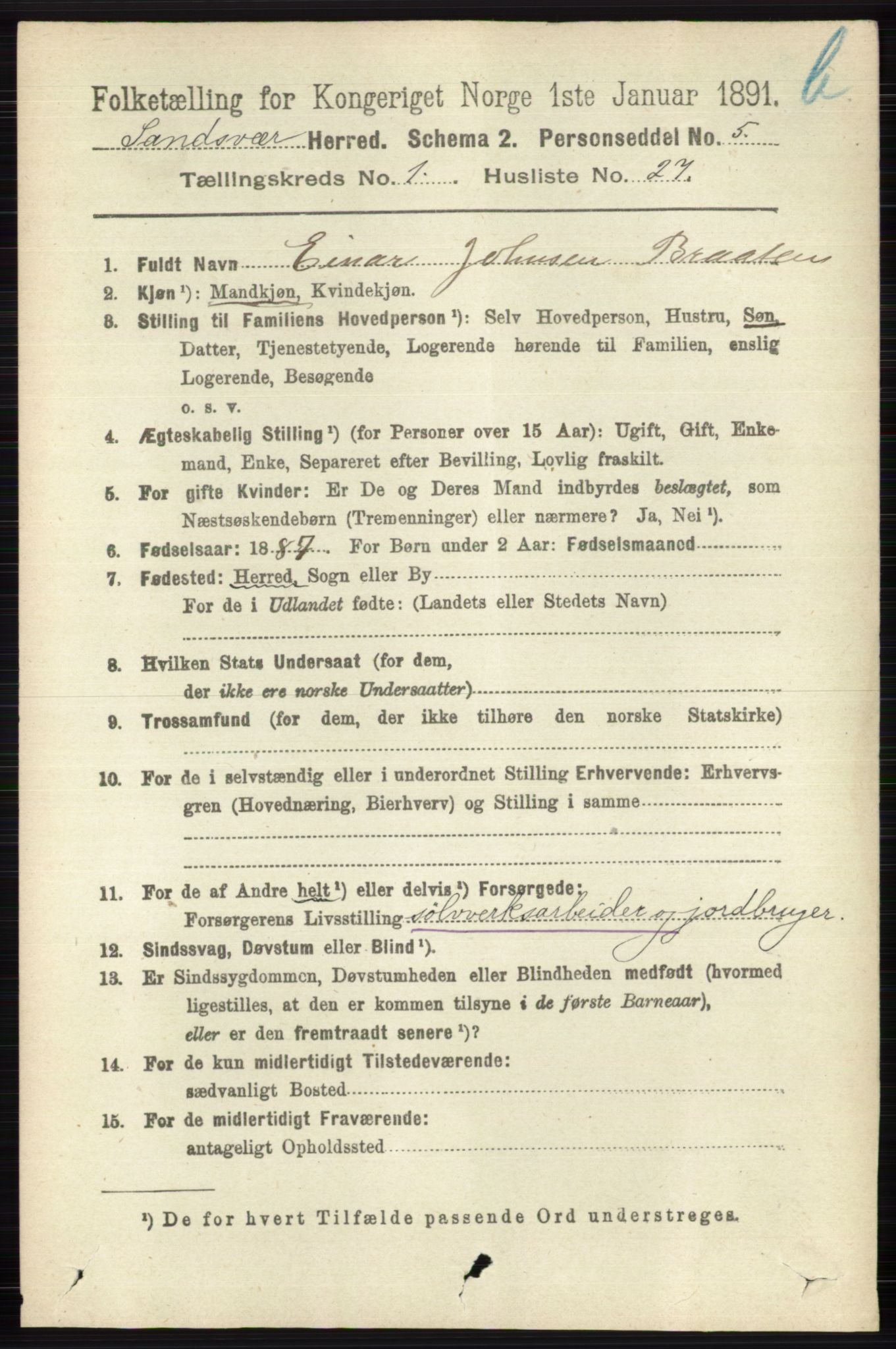 RA, 1891 census for 0629 Sandsvær, 1891, p. 5708