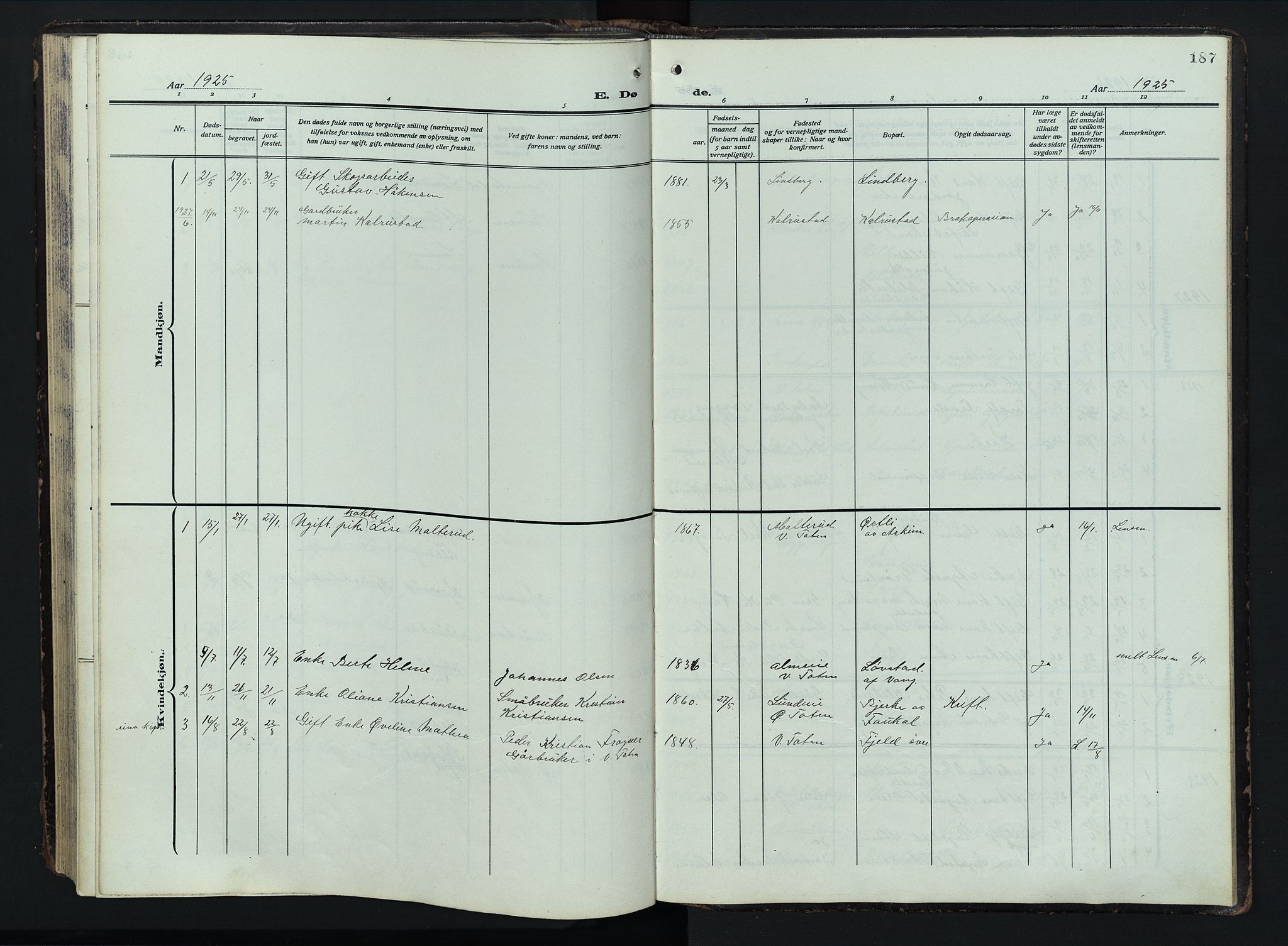 Østre Toten prestekontor, AV/SAH-PREST-104/H/Ha/Hab/L0009: Parish register (copy) no. 9, 1908-1956, p. 187