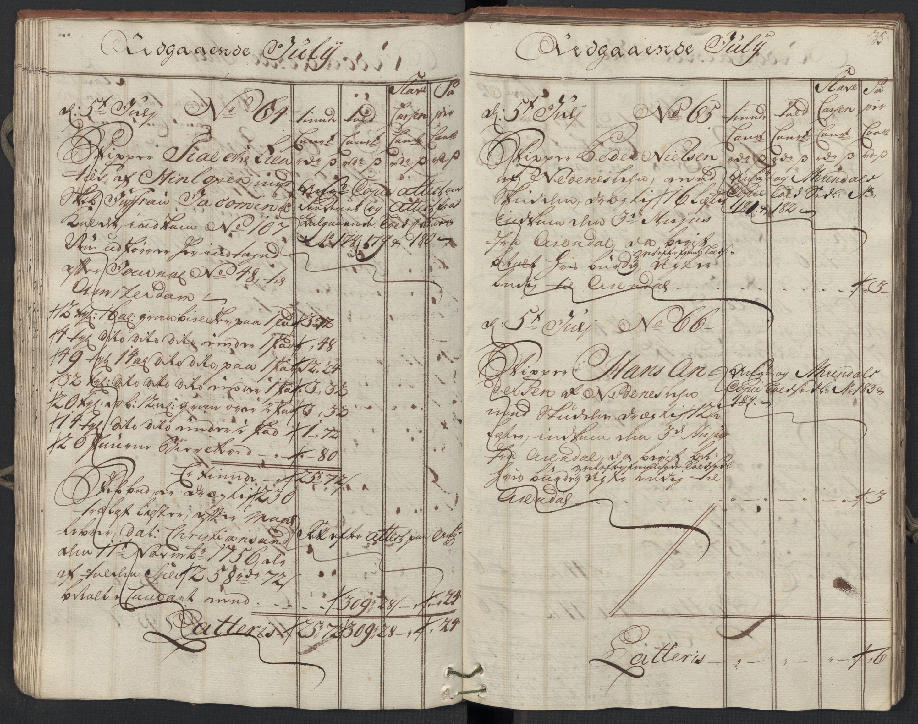 Generaltollkammeret, tollregnskaper, AV/RA-EA-5490/R09/L0038/0001: Tollregnskaper Holmestrand / Utgående hovedtollbok, 1764, p. 34b-35a