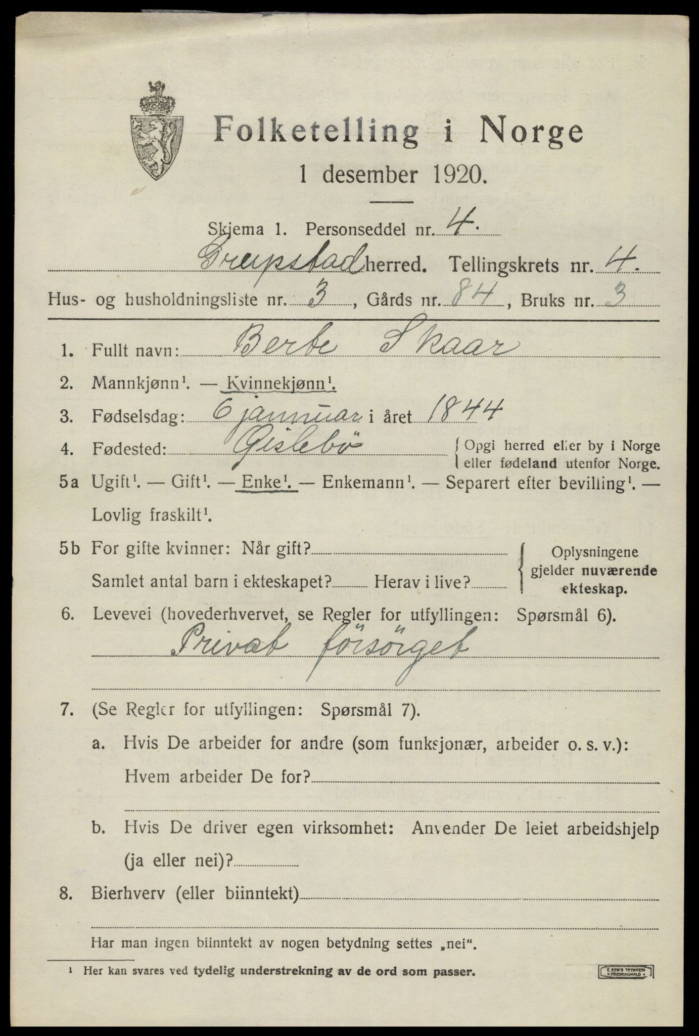 SAK, 1920 census for Greipstad, 1920, p. 1530