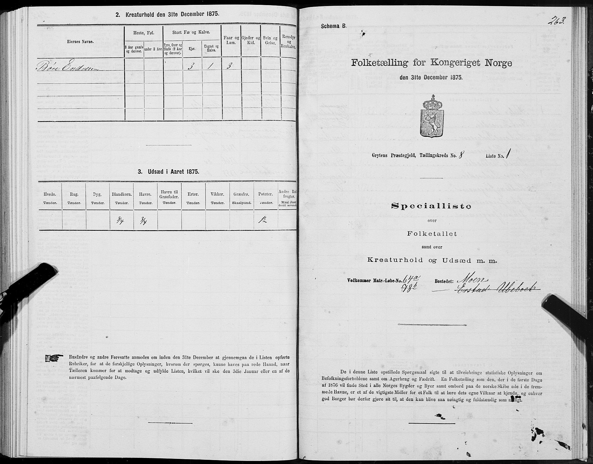 SAT, 1875 census for 1539P Grytten, 1875, p. 3263