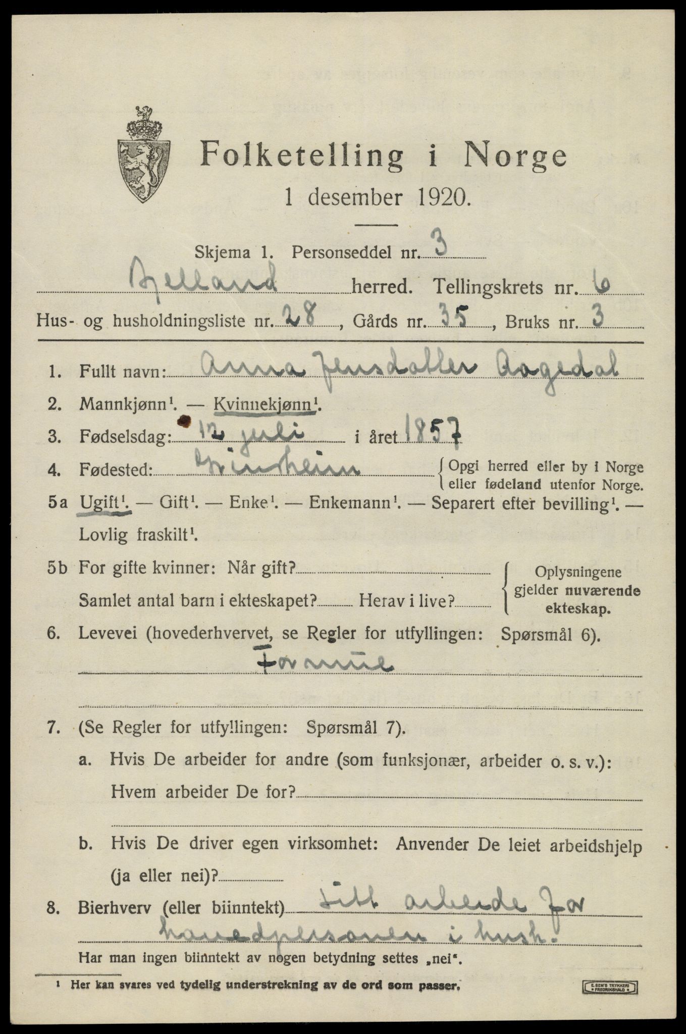 SAK, 1920 census for Bjelland, 1920, p. 2049