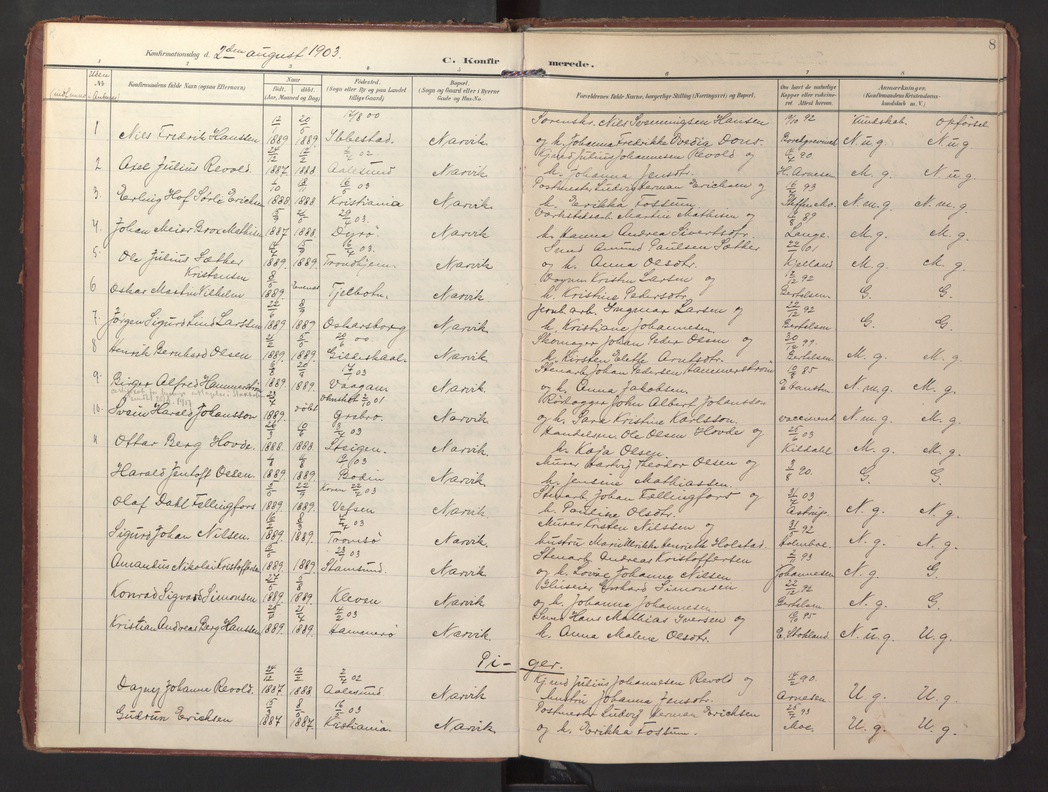 Ministerialprotokoller, klokkerbøker og fødselsregistre - Nordland, AV/SAT-A-1459/871/L0998: Parish register (official) no. 871A14, 1902-1921, p. 8