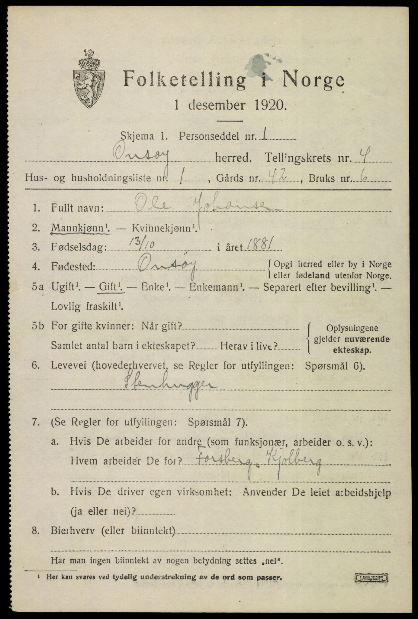 SAO, 1920 census for Onsøy, 1920, p. 4903