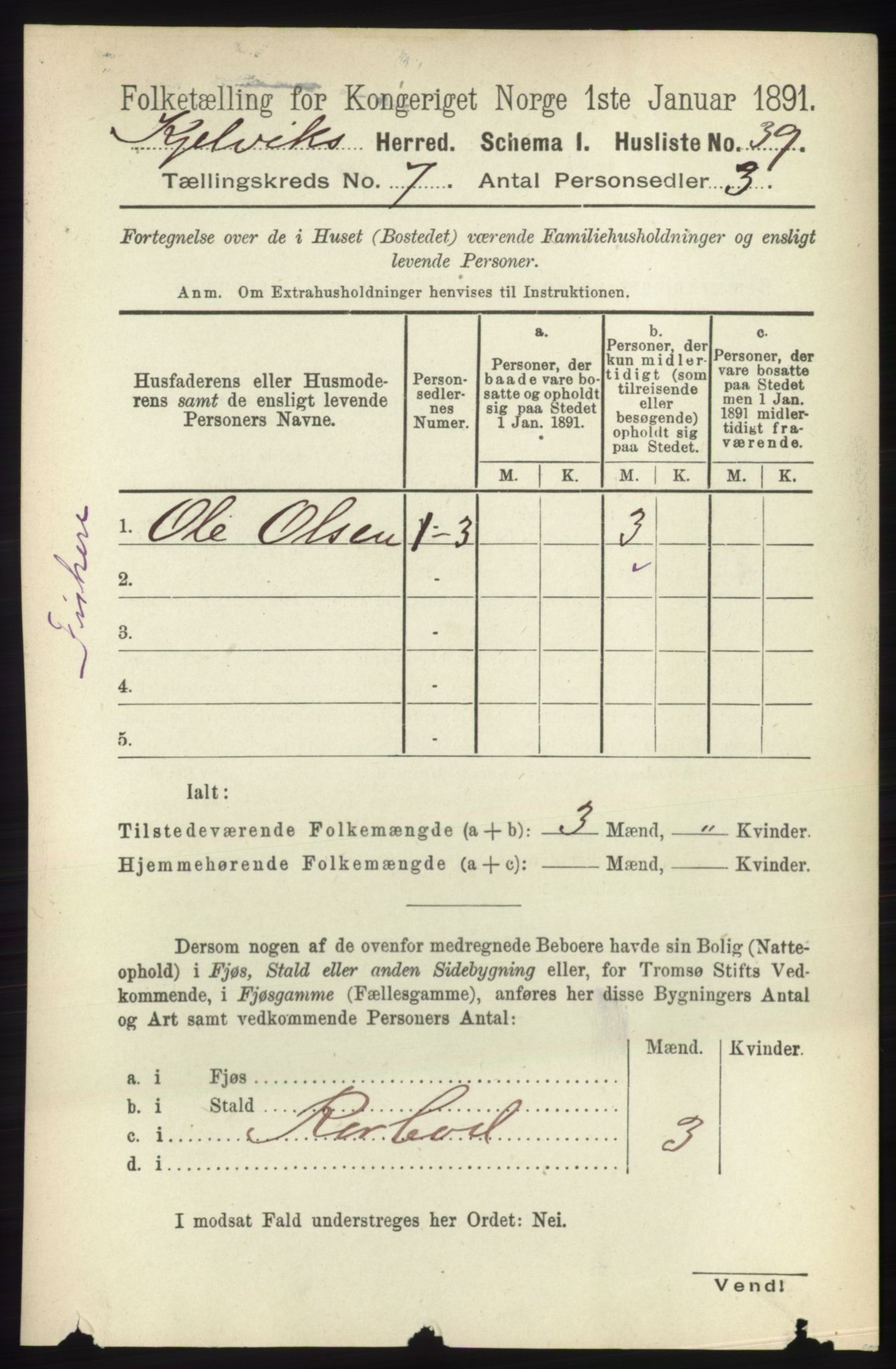 RA, 1891 census for 2019 Kjelvik, 1891, p. 884