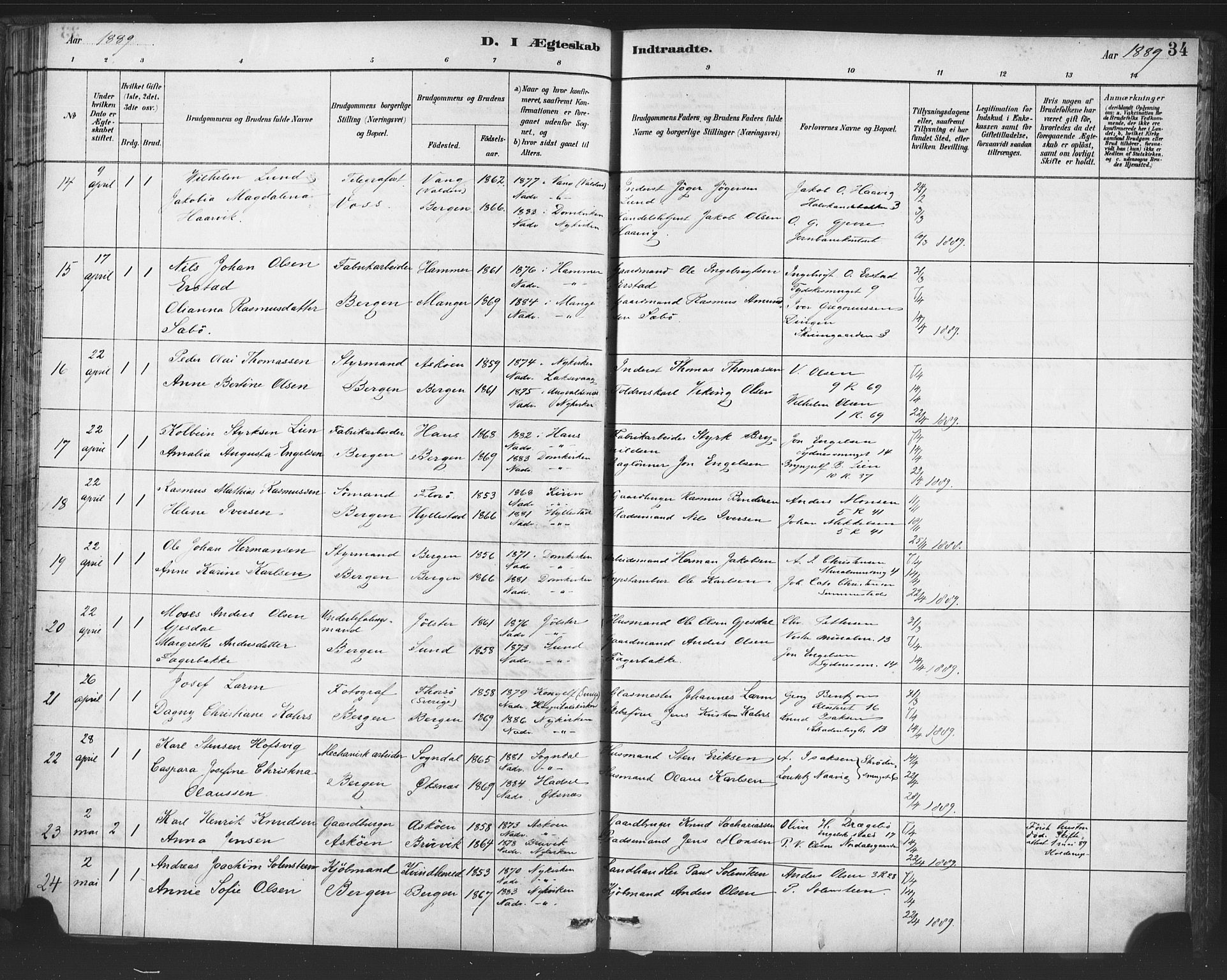 Nykirken Sokneprestembete, SAB/A-77101/H/Haa/L0033: Parish register (official) no. D 3, 1884-1895, p. 34