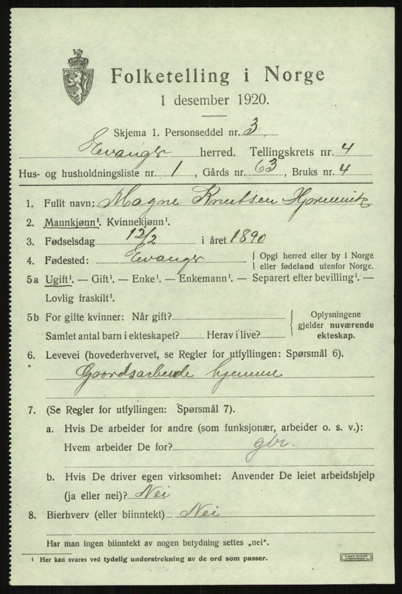 SAB, 1920 census for Evanger, 1920, p. 1357