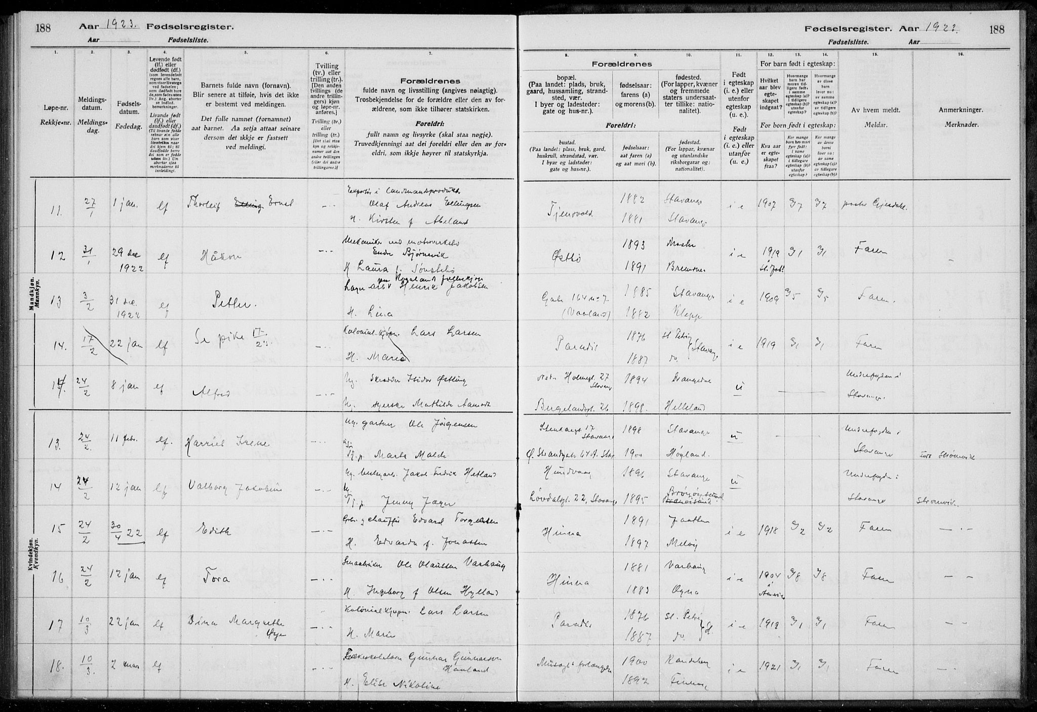 Hetland sokneprestkontor, AV/SAST-A-101826/70/704BA/L0003: Birth register no. 1, 1916-1923, p. 188