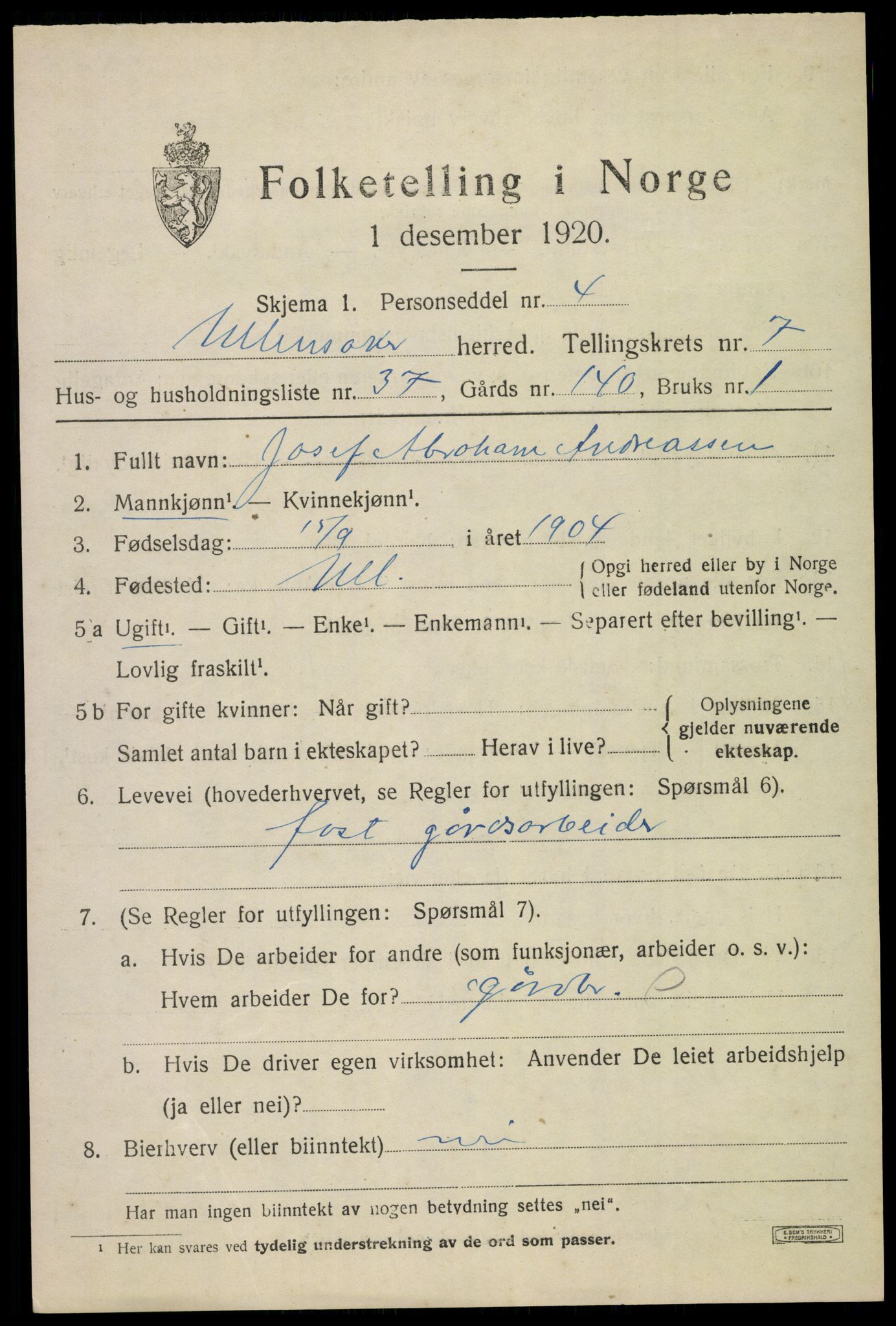 SAO, 1920 census for Ullensaker, 1920, p. 13397