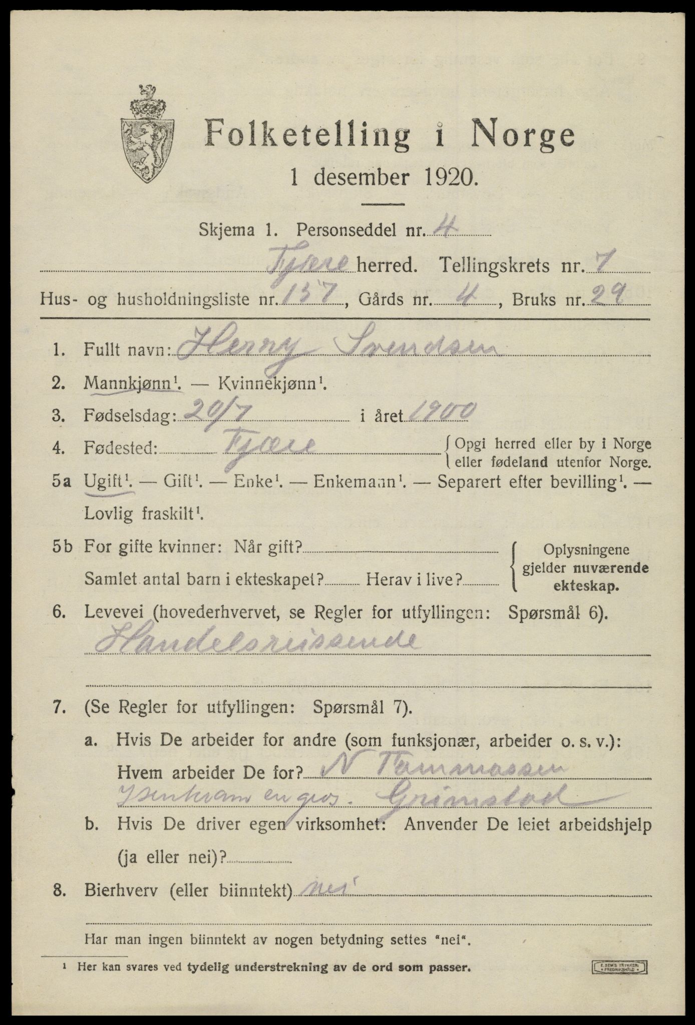 SAK, 1920 census for Fjære, 1920, p. 10027