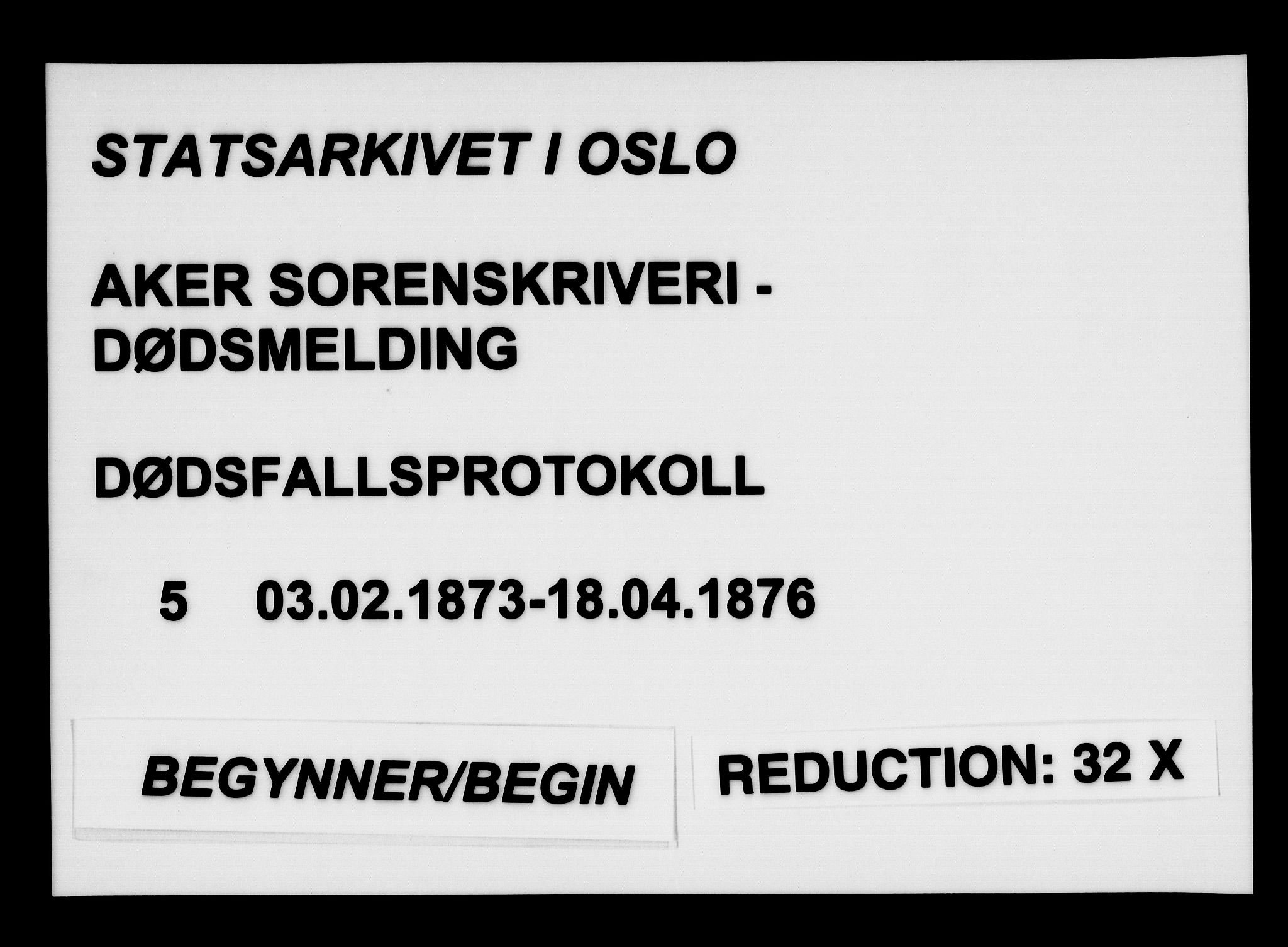 Aker sorenskriveri, AV/SAO-A-10895/H/Ha/Haa/L0005: Dødsanmeldelsesprotokoll, 1873-1876