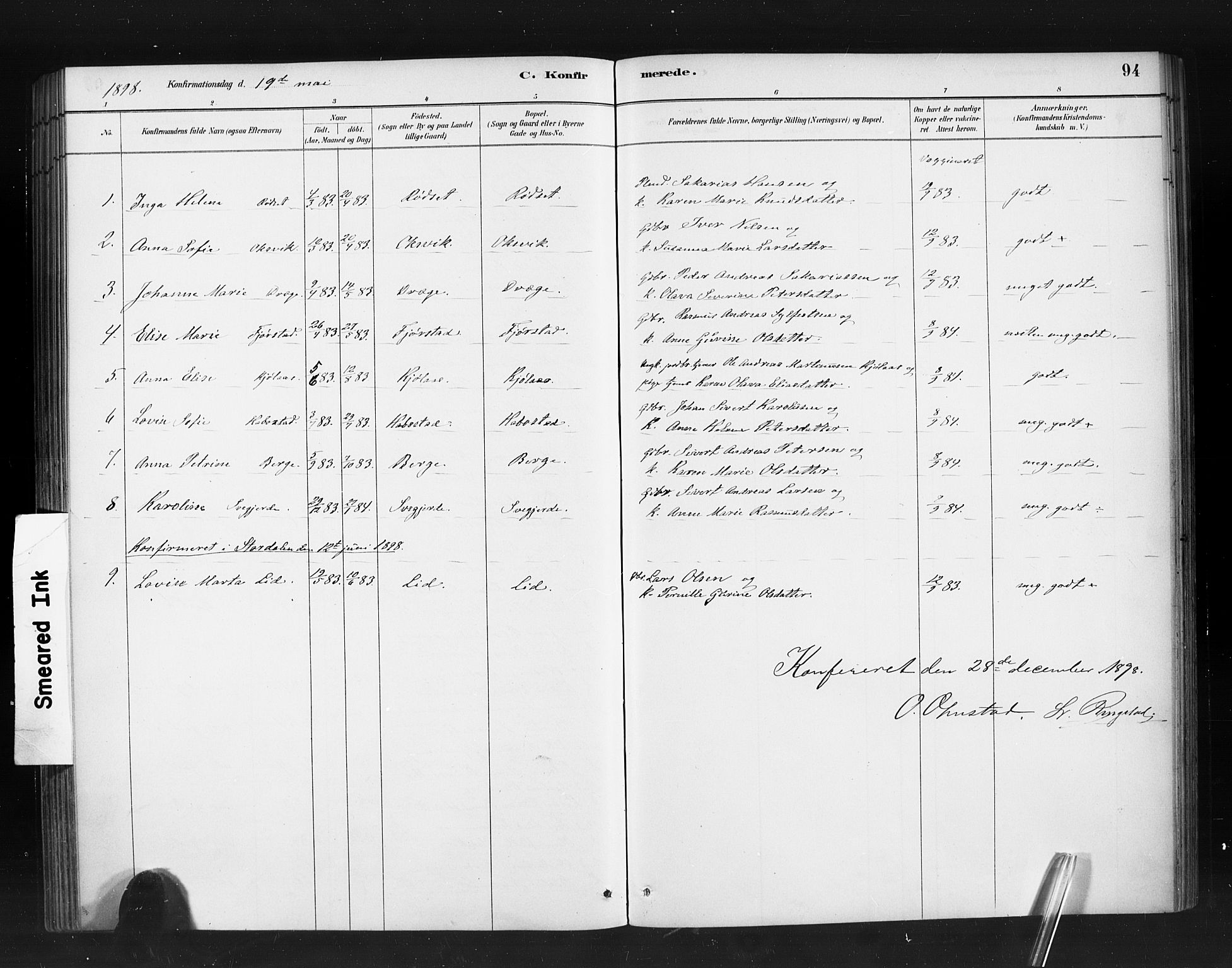 Ministerialprotokoller, klokkerbøker og fødselsregistre - Møre og Romsdal, SAT/A-1454/520/L0283: Parish register (official) no. 520A12, 1882-1898, p. 94