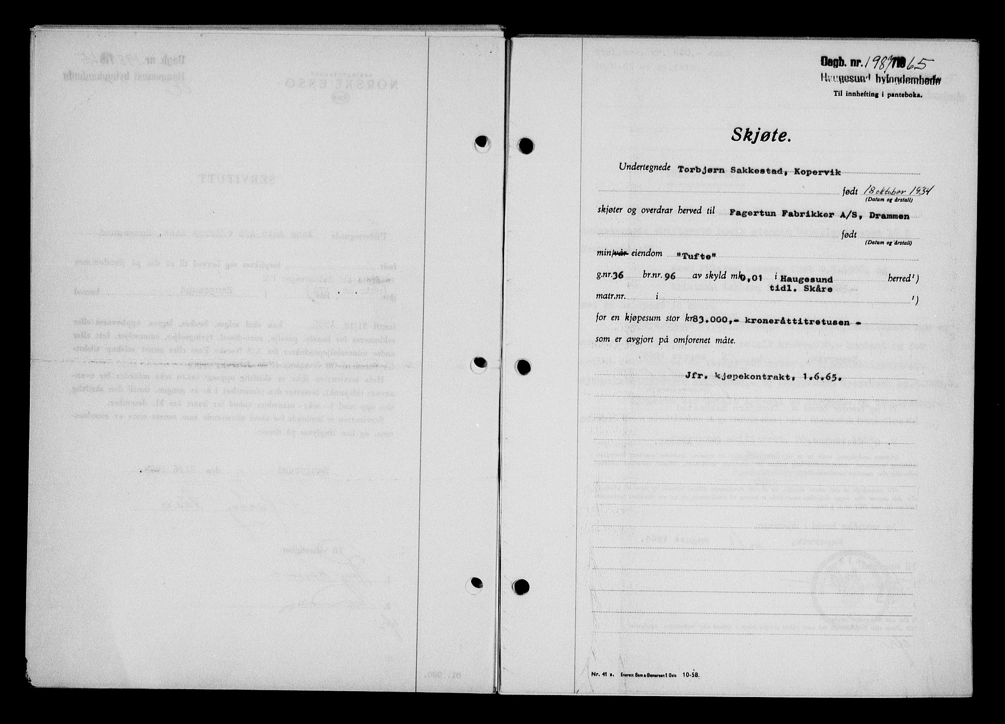 Haugesund tingrett, AV/SAST-A-101415/01/II/IIC/L0076: Mortgage book no. A 17, 1965-1966, Diary no: : 1987/1965