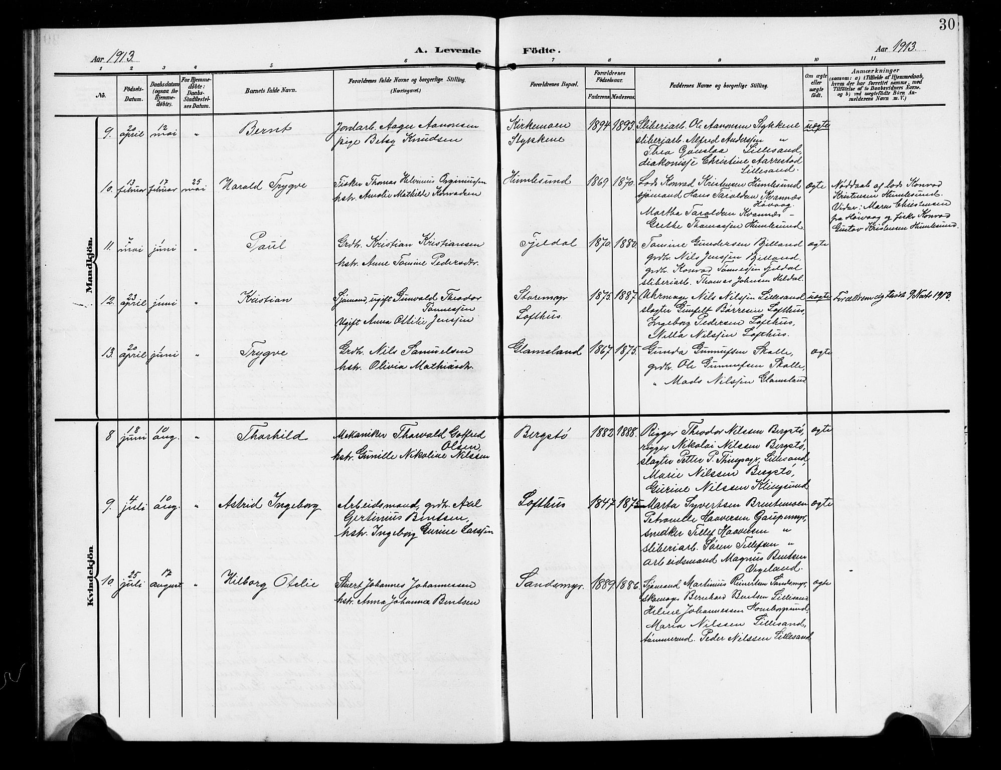 Vestre Moland sokneprestkontor, AV/SAK-1111-0046/F/Fb/Fbb/L0007: Parish register (copy) no. B 7, 1906-1929, p. 30