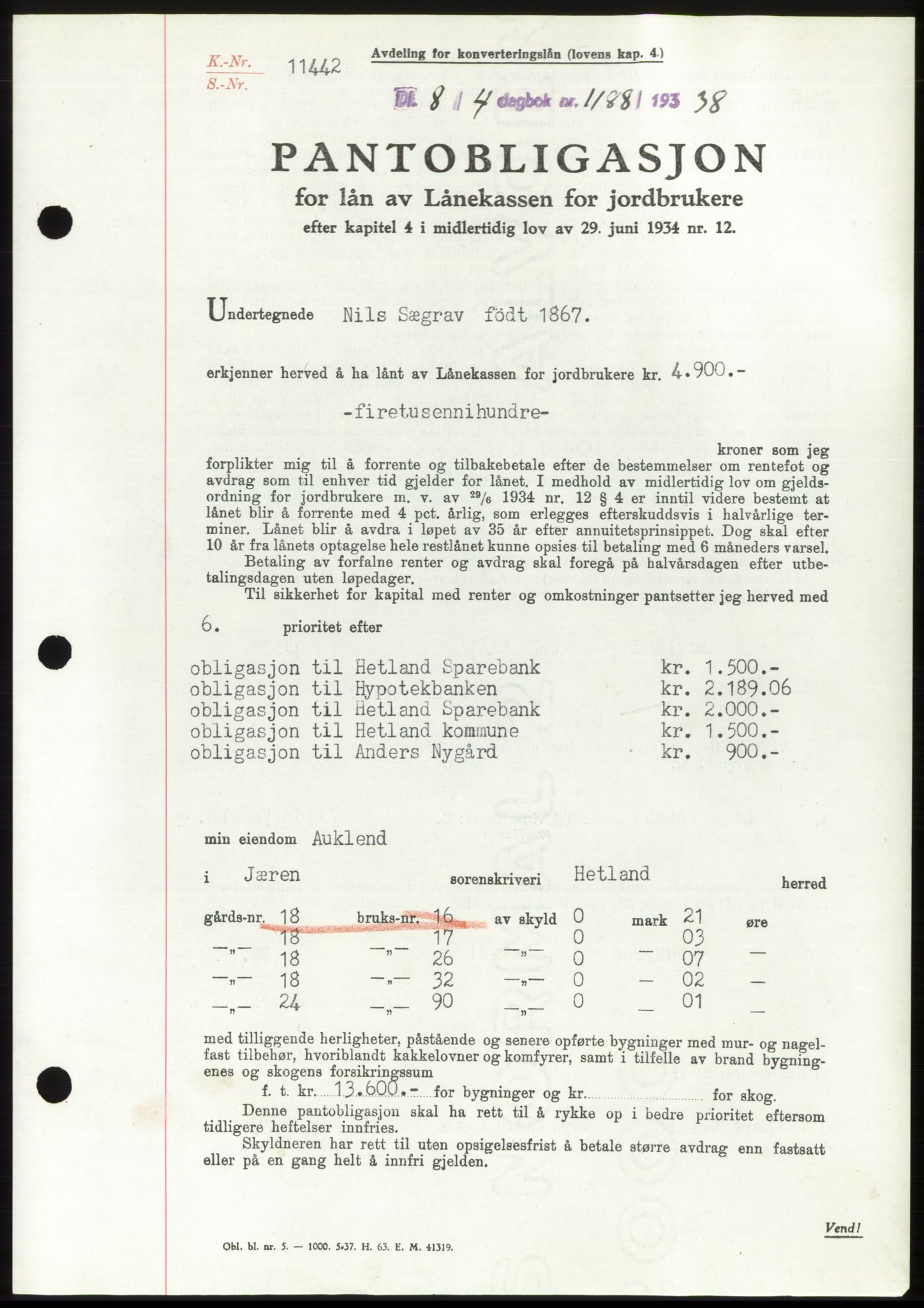 Jæren sorenskriveri, SAST/A-100310/03/G/Gba/L0070: Mortgage book, 1938-1938, Diary no: : 1188/1938