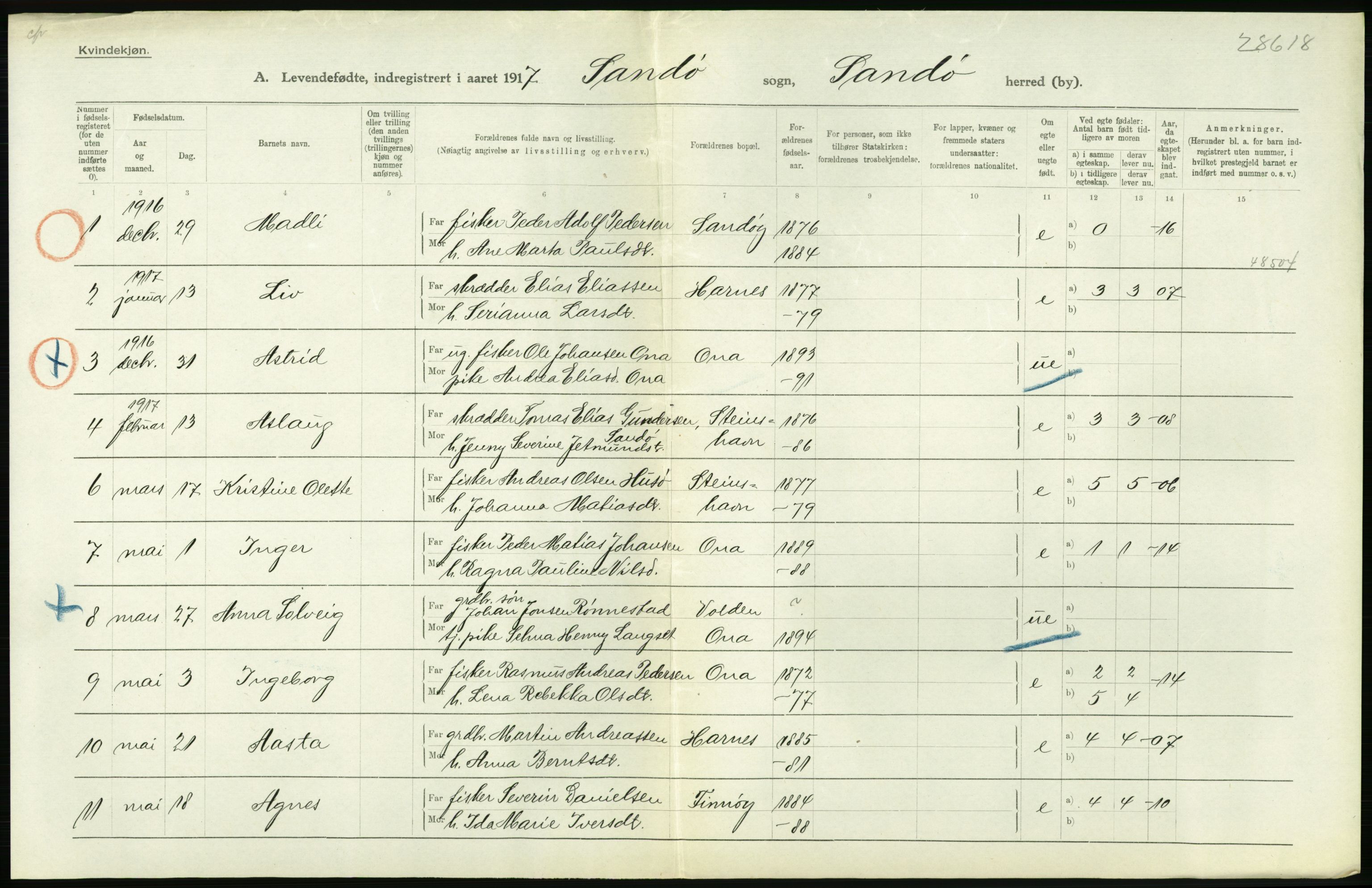 Statistisk sentralbyrå, Sosiodemografiske emner, Befolkning, RA/S-2228/D/Df/Dfb/Dfbg/L0042: Romsdals amt: Levendefødte menn og kvinner. Bygder., 1917, p. 602