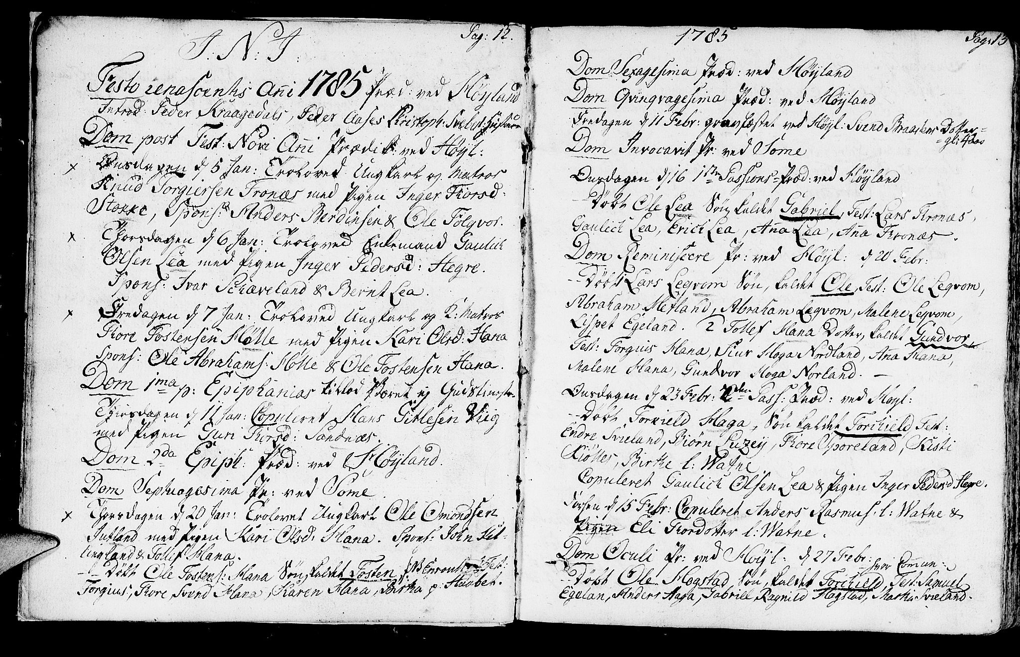 Høyland sokneprestkontor, SAST/A-101799/001/30BA/L0004: Parish register (official) no. A 4, 1784-1803, p. 12-13