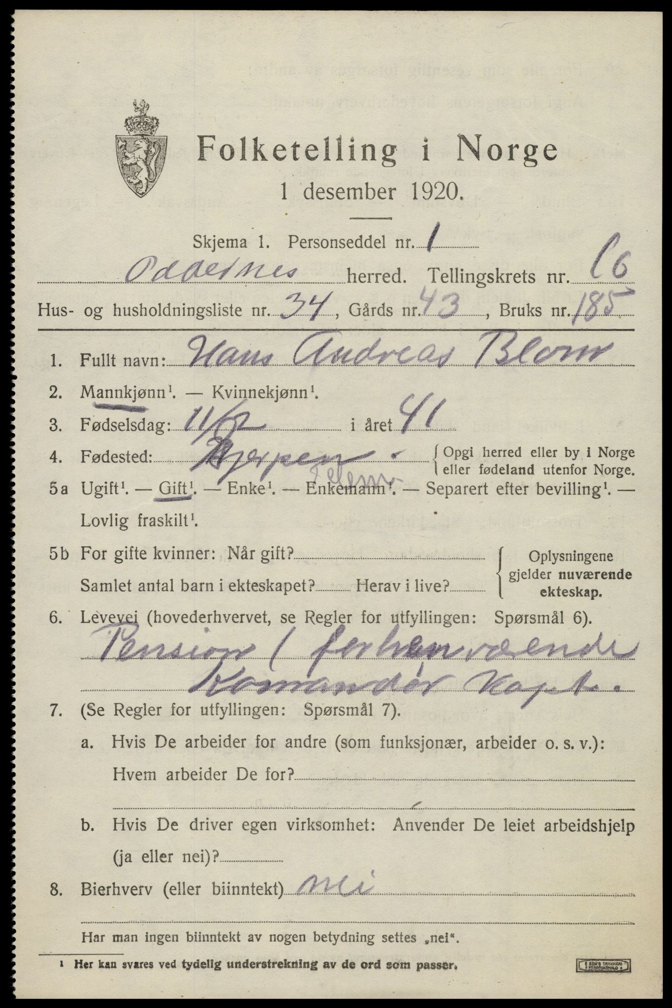 SAK, 1920 census for Oddernes, 1920, p. 11649